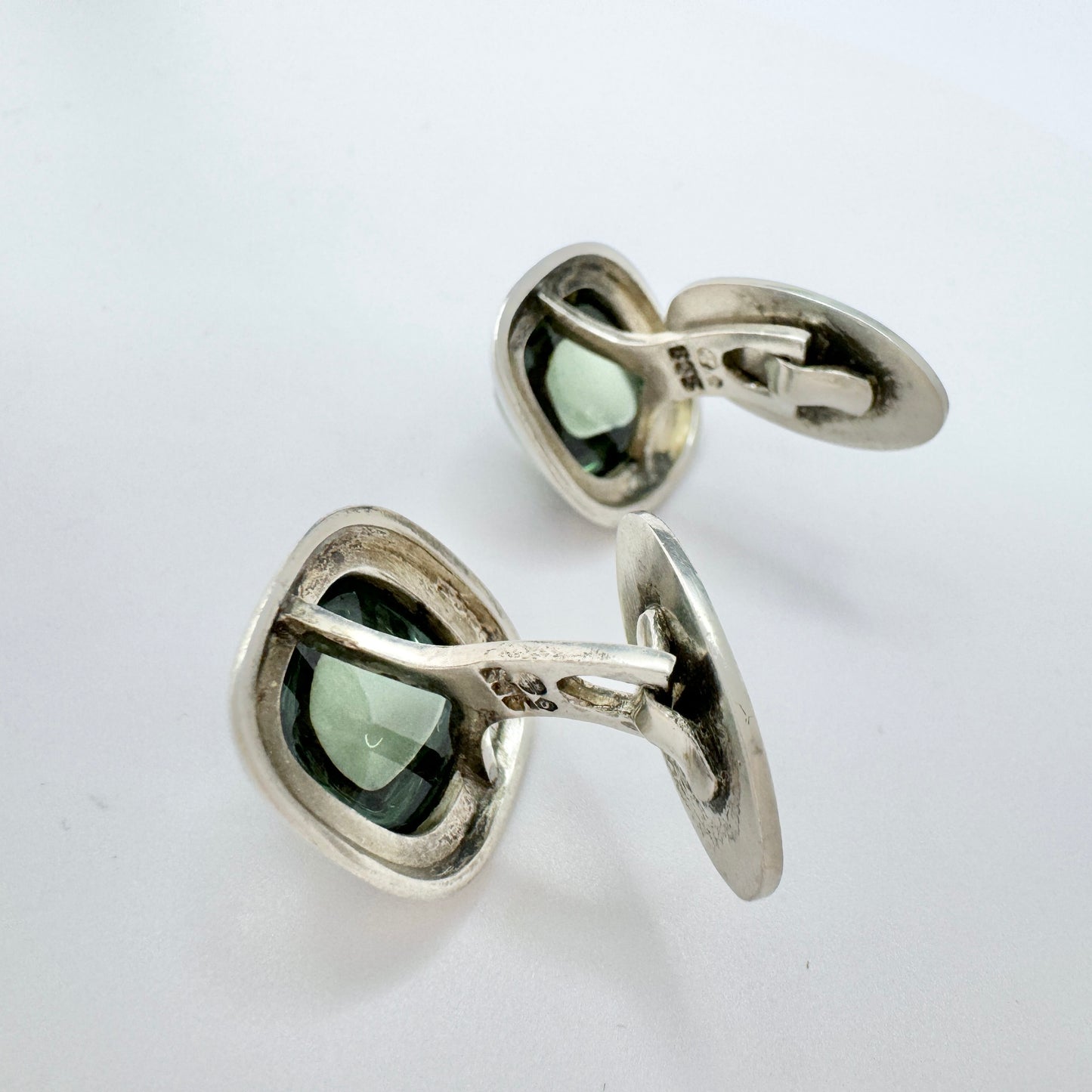 Sweden c 1950s. Vintage Solid Silver Green Paste Stone Cufflinks.