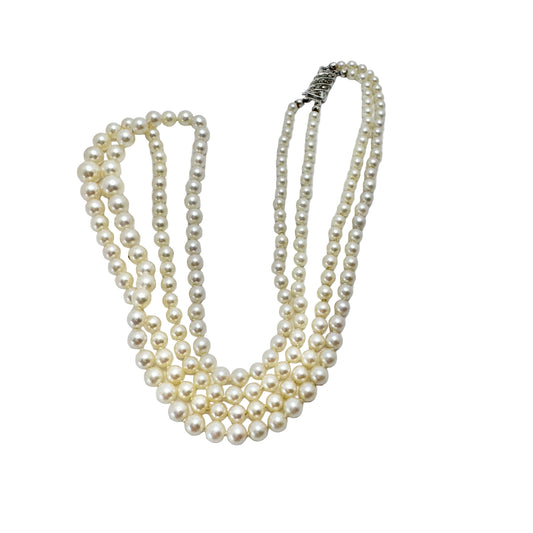 Vintage ca 1940s. Two Strand Pearl Necklace Silver Marcasite Clasp.