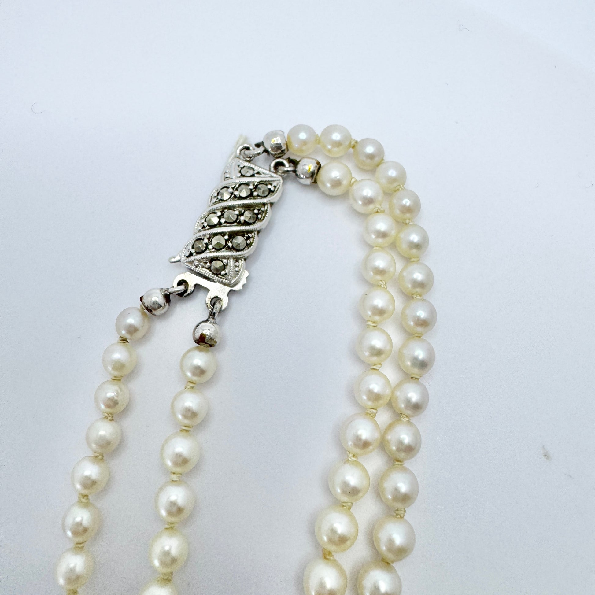 Vintage ca 1940s. Two Strand Pearl Necklace Silver Marcasite Clasp.