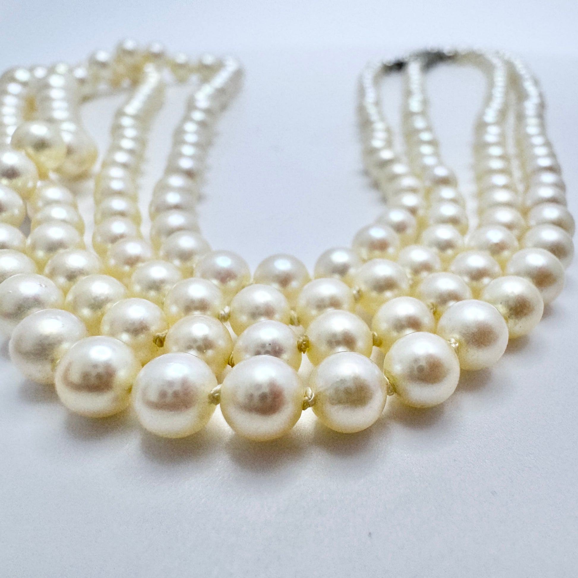 Vintage ca 1940s. Two Strand Pearl Necklace Silver Marcasite Clasp.