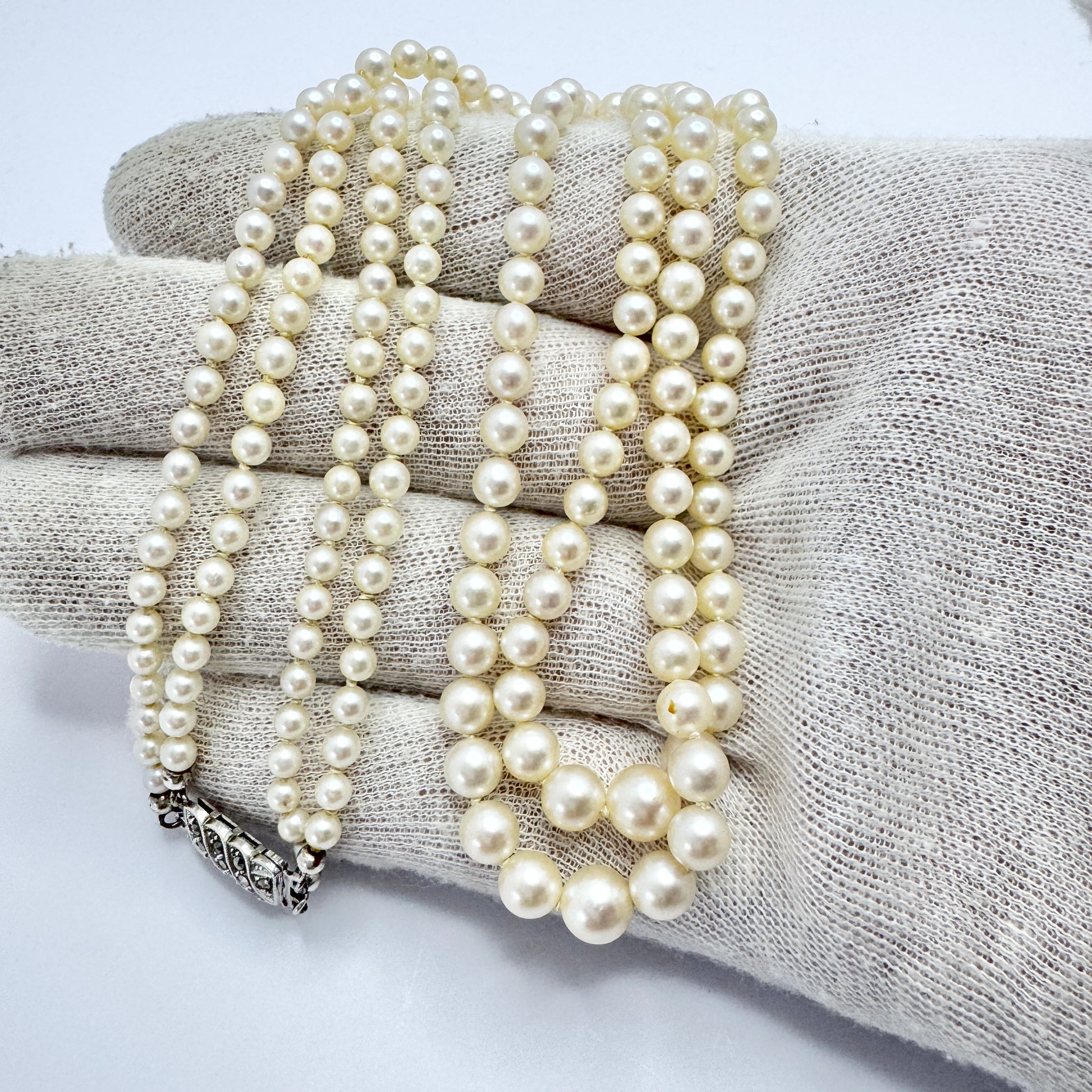 Vintage ca 1940s. Two Strand Pearl Necklace Silver Marcasite Clasp.