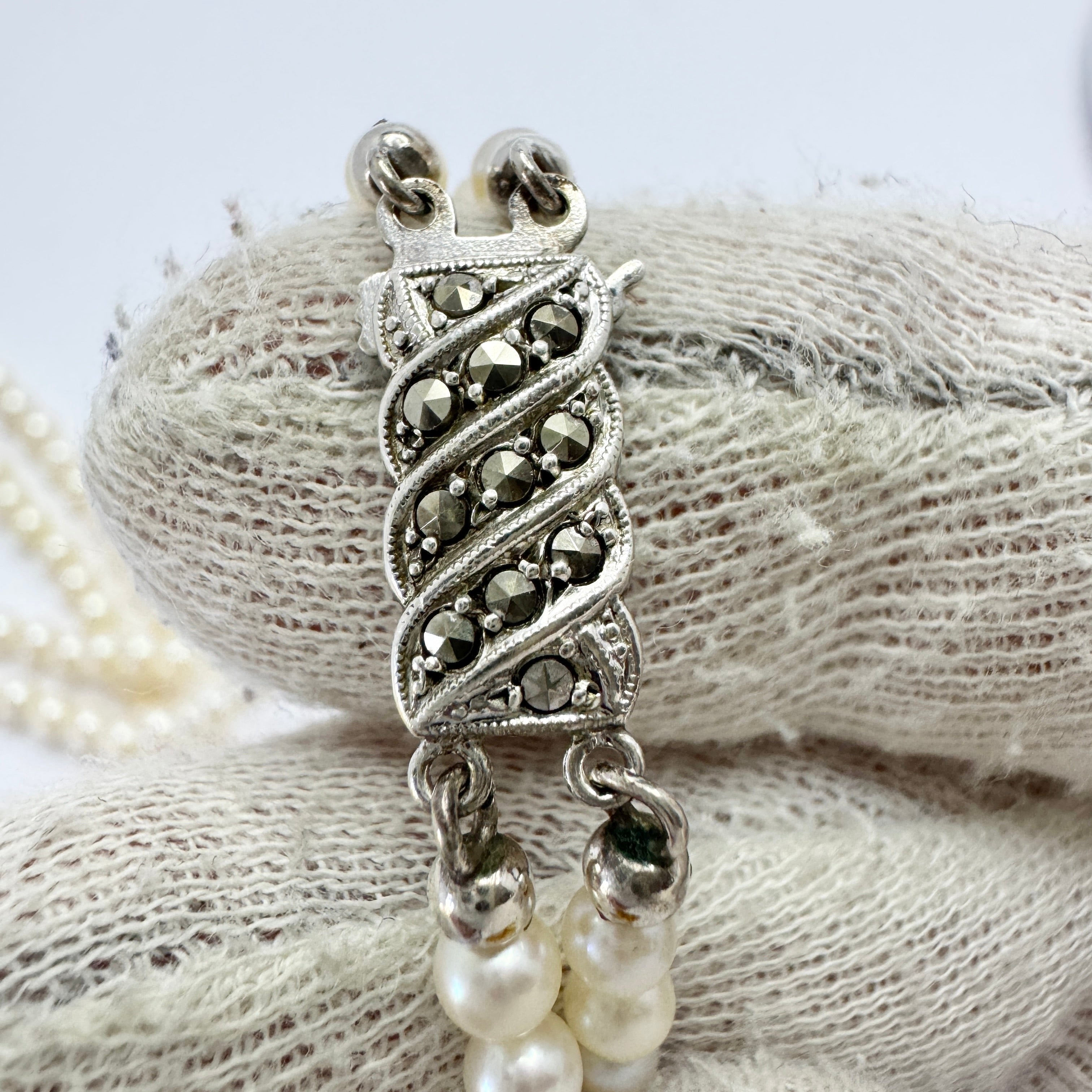 Vintage ca 1940s. Two Strand Pearl Necklace Silver Marcasite Clasp