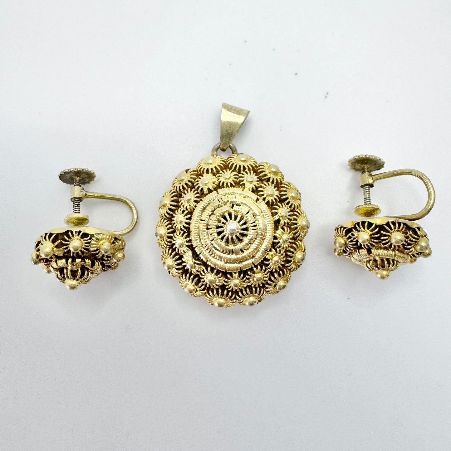 Sweden. Antique mid 1800s Silver Buttons Converted to Pendant and Earrings.