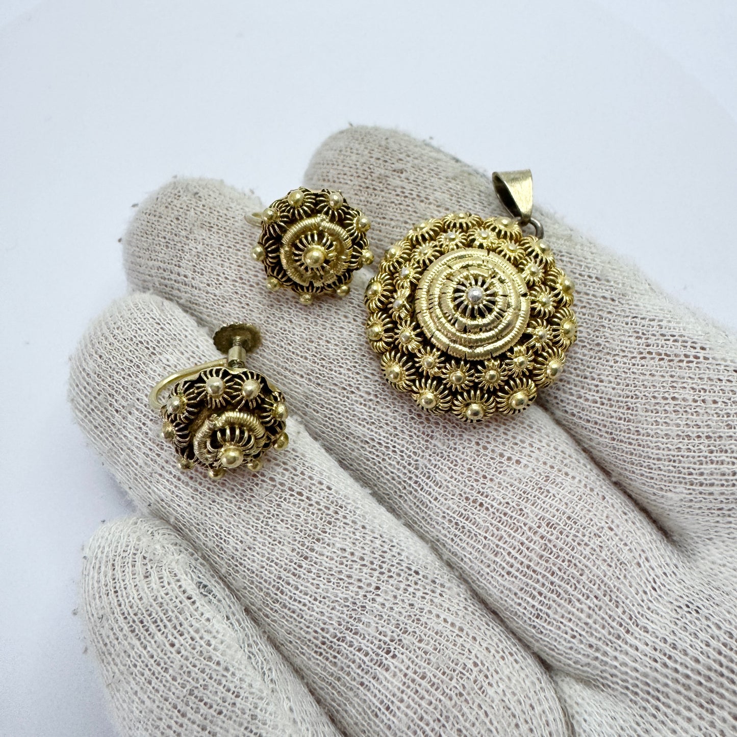 Sweden. Antique mid 1800s Silver Buttons Converted to Pendant and Earrings.