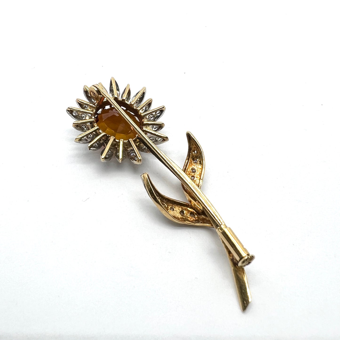 Vintage Mid-century 18k Gold Garnet Diamond Flower Brooch.