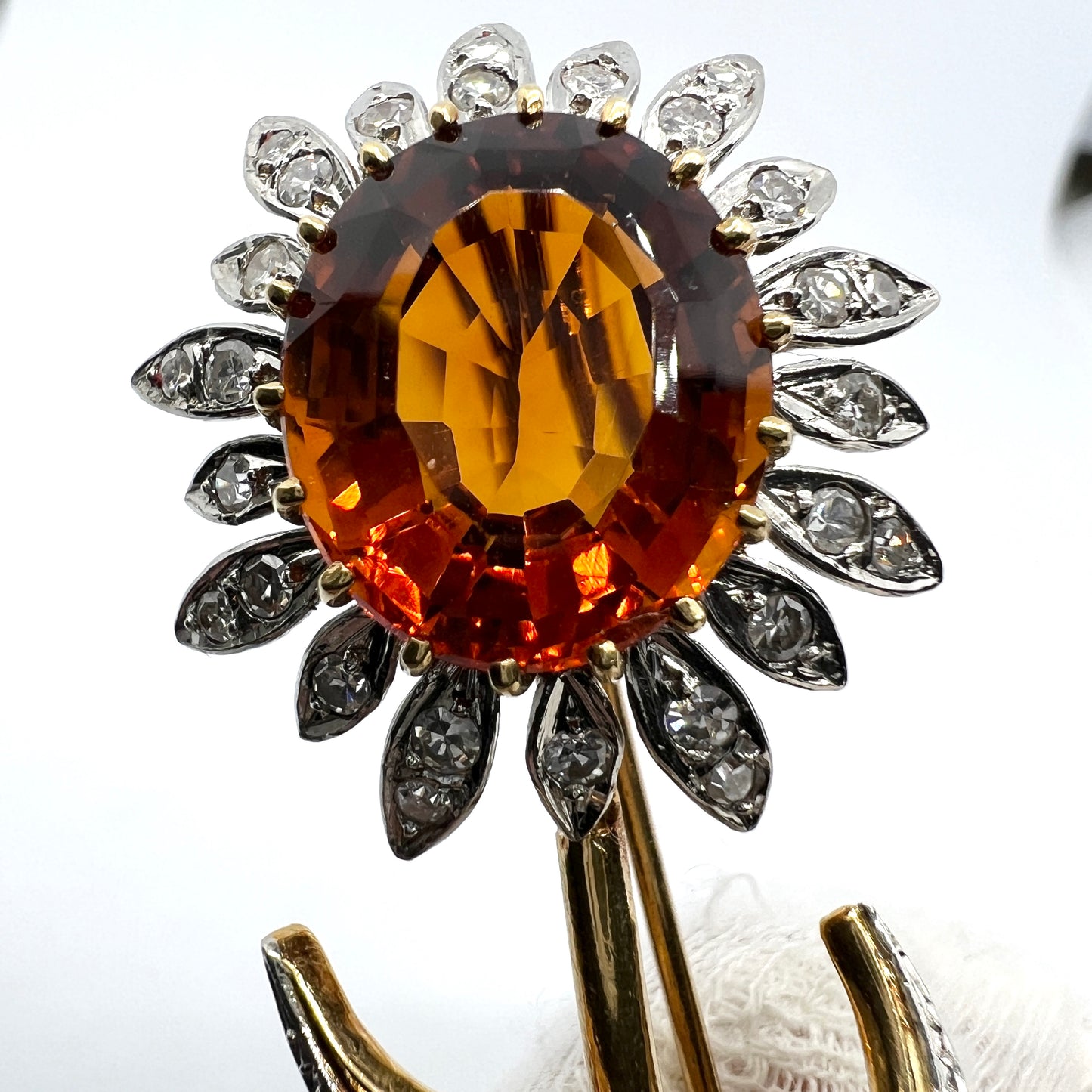 Vintage Mid-century 18k Gold Garnet Diamond Flower Brooch.