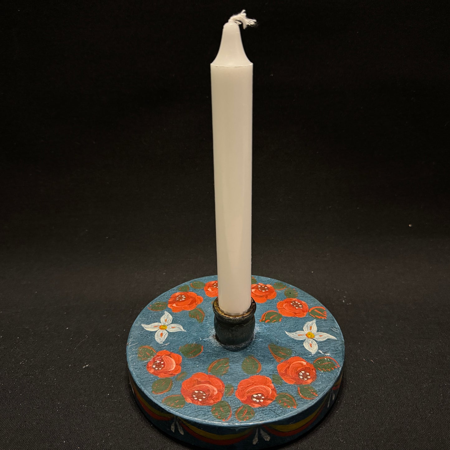 Vintage Folk Art Hand Painted Wood Candle Holder. Scandinavia Early - Mid 1900s