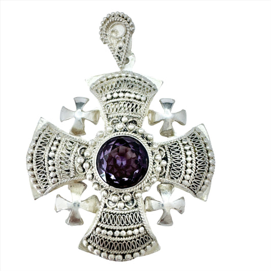 Jerusalem, Large Vintage Sterling 935 Silver Synthetic Sapphire Cross Pendant.