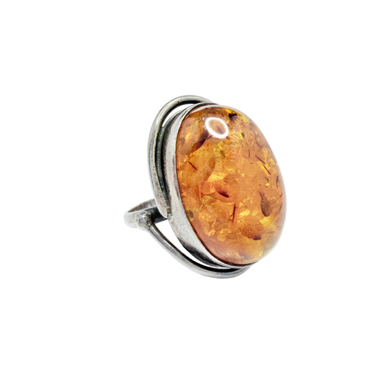 Gdansk, Poland. Vintage Sterling Silver Large Amber Ring.