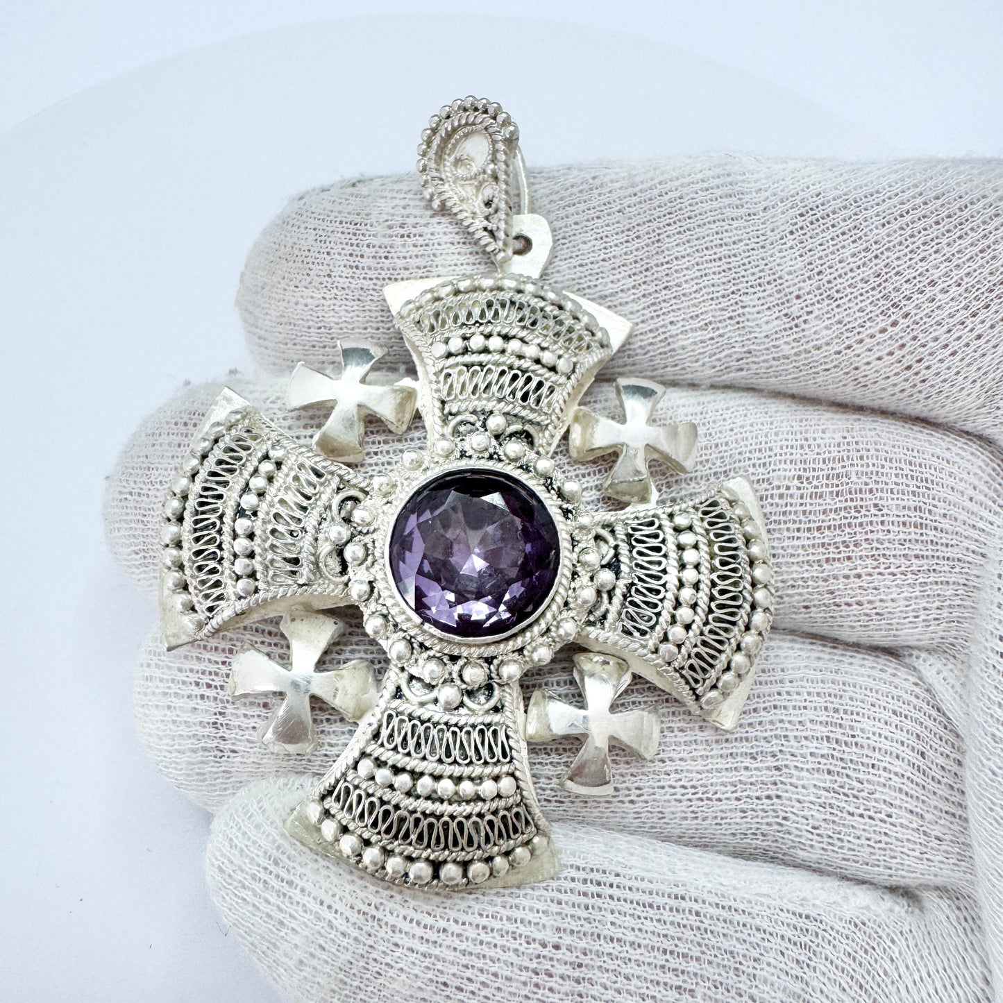 Jerusalem, Large Vintage Sterling 935 Silver Synthetic Sapphire Cross Pendant.