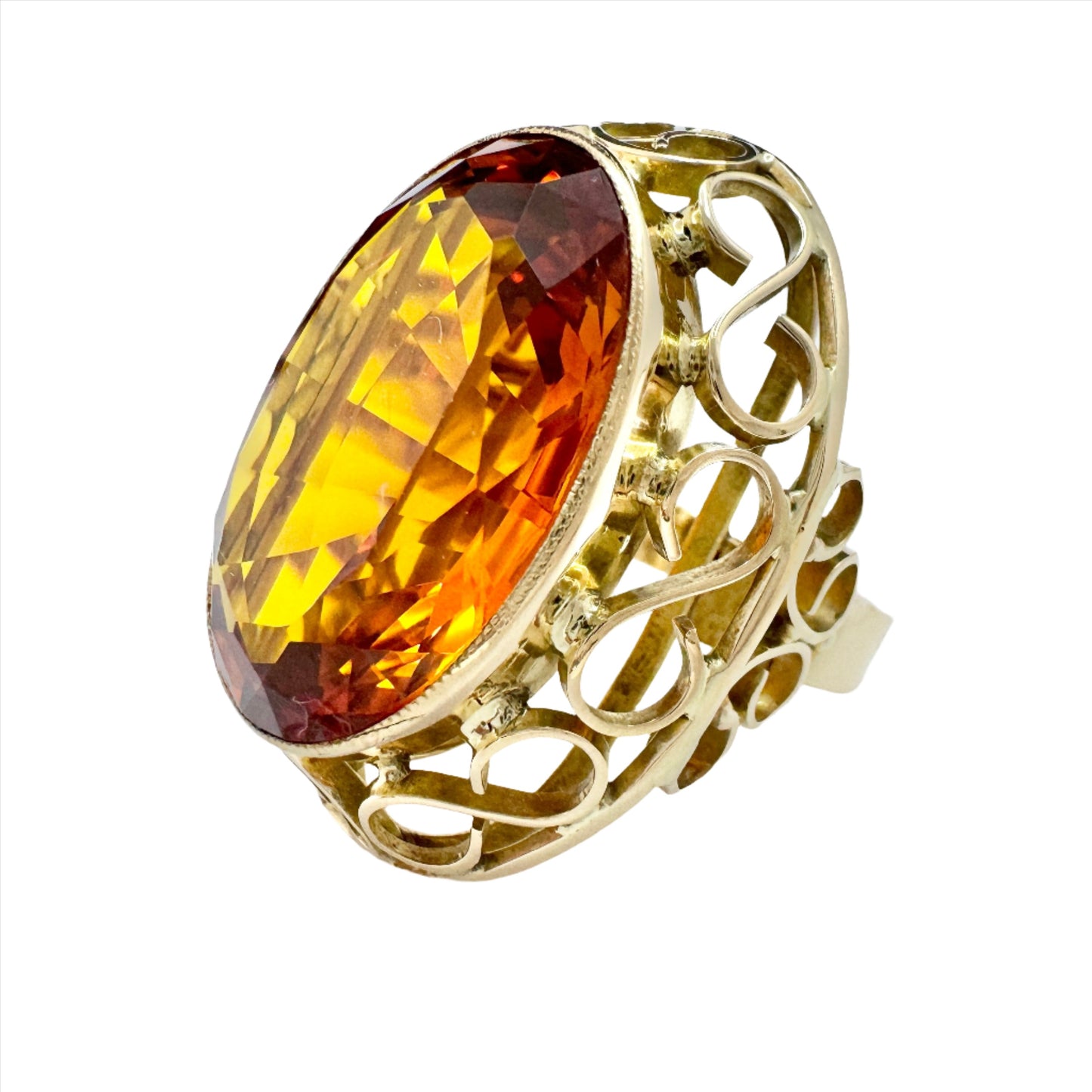 Vintage c 1950-60s. 14k Gold Intense Orange Synthetic Sapphire Cocktail Ring. 14.3 gram