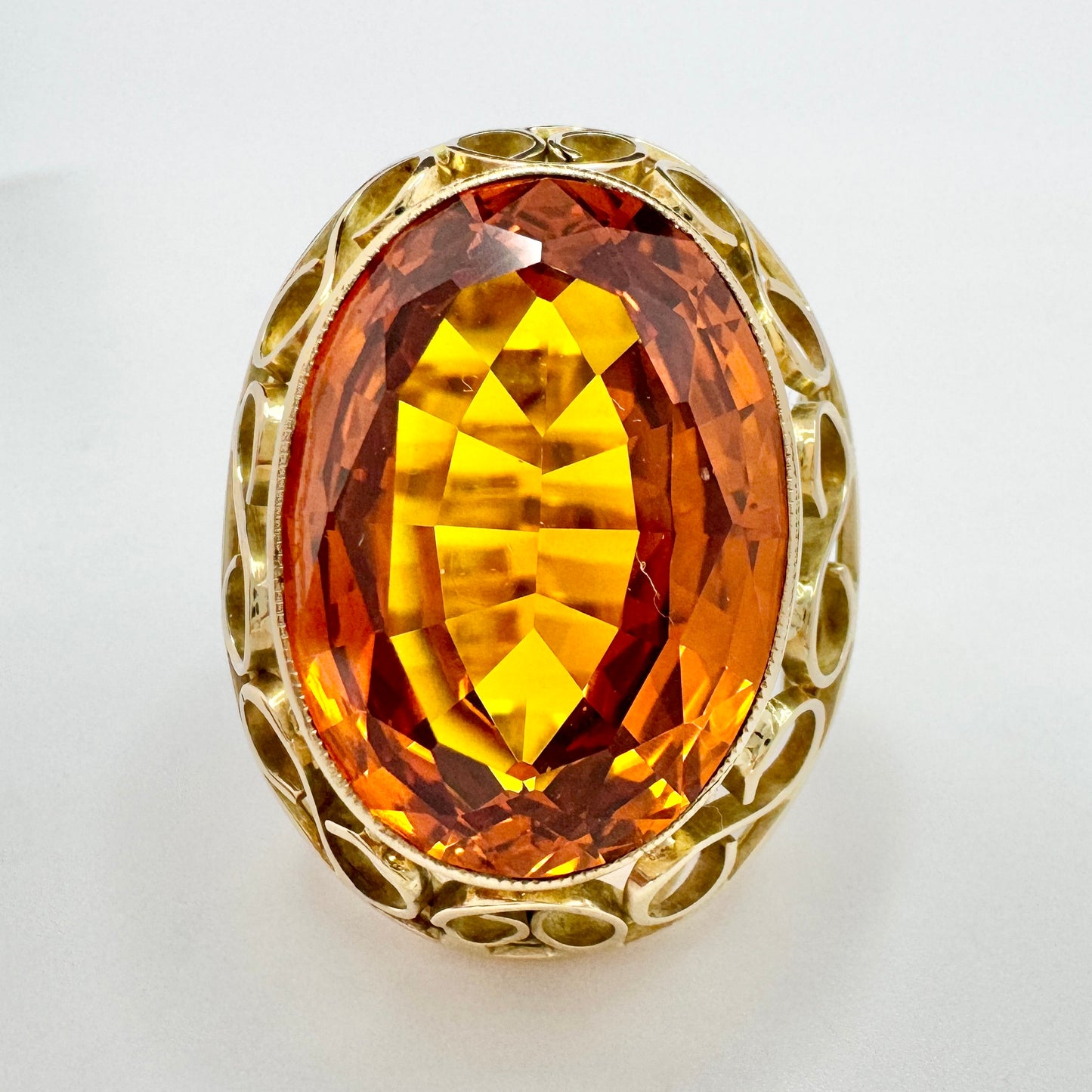 Vintage c 1950-60s. 14k Gold Intense Orange Synthetic Sapphire Cocktail Ring. 14.3 gram