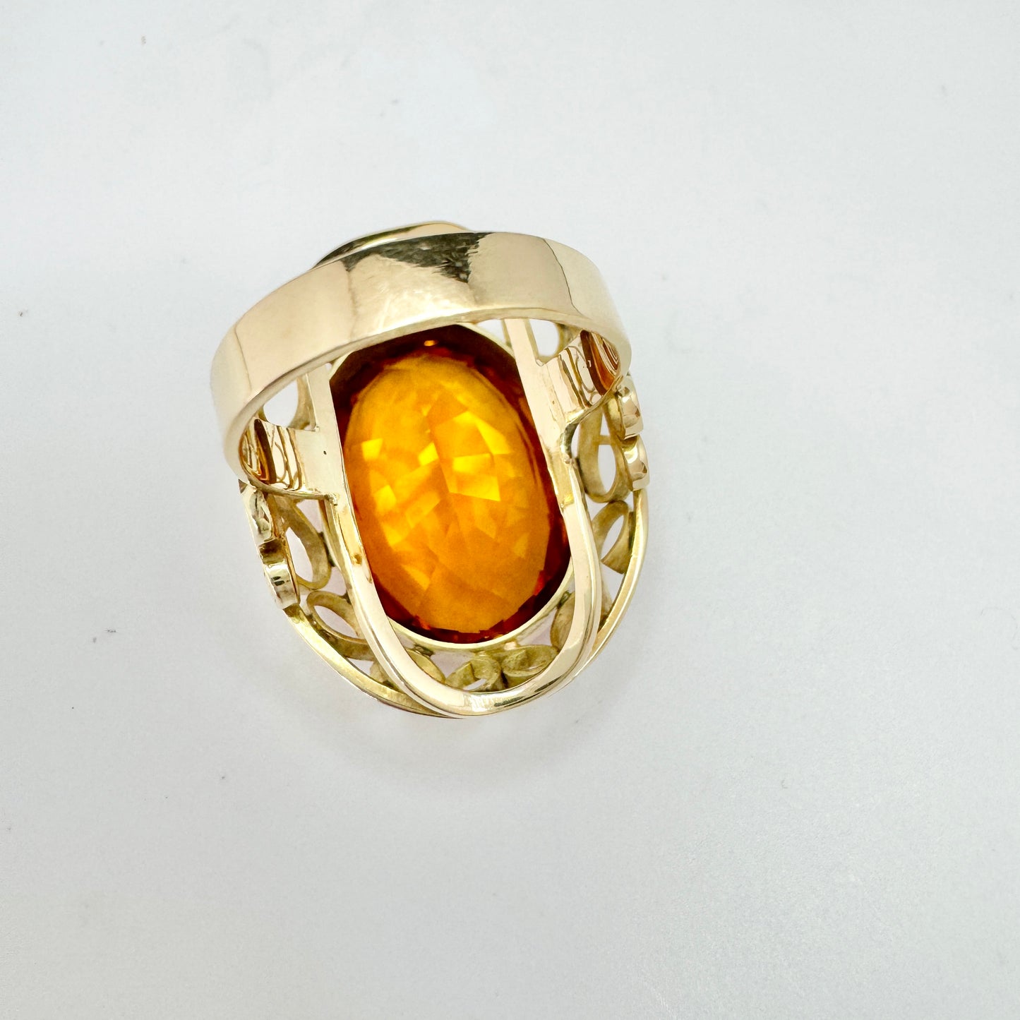 Vintage c 1950-60s. 14k Gold Intense Orange Synthetic Sapphire Cocktail Ring. 14.3 gram