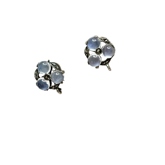 Sweden 1950s. Vintage Solid Silver Moonstone Marcasite Earrings.