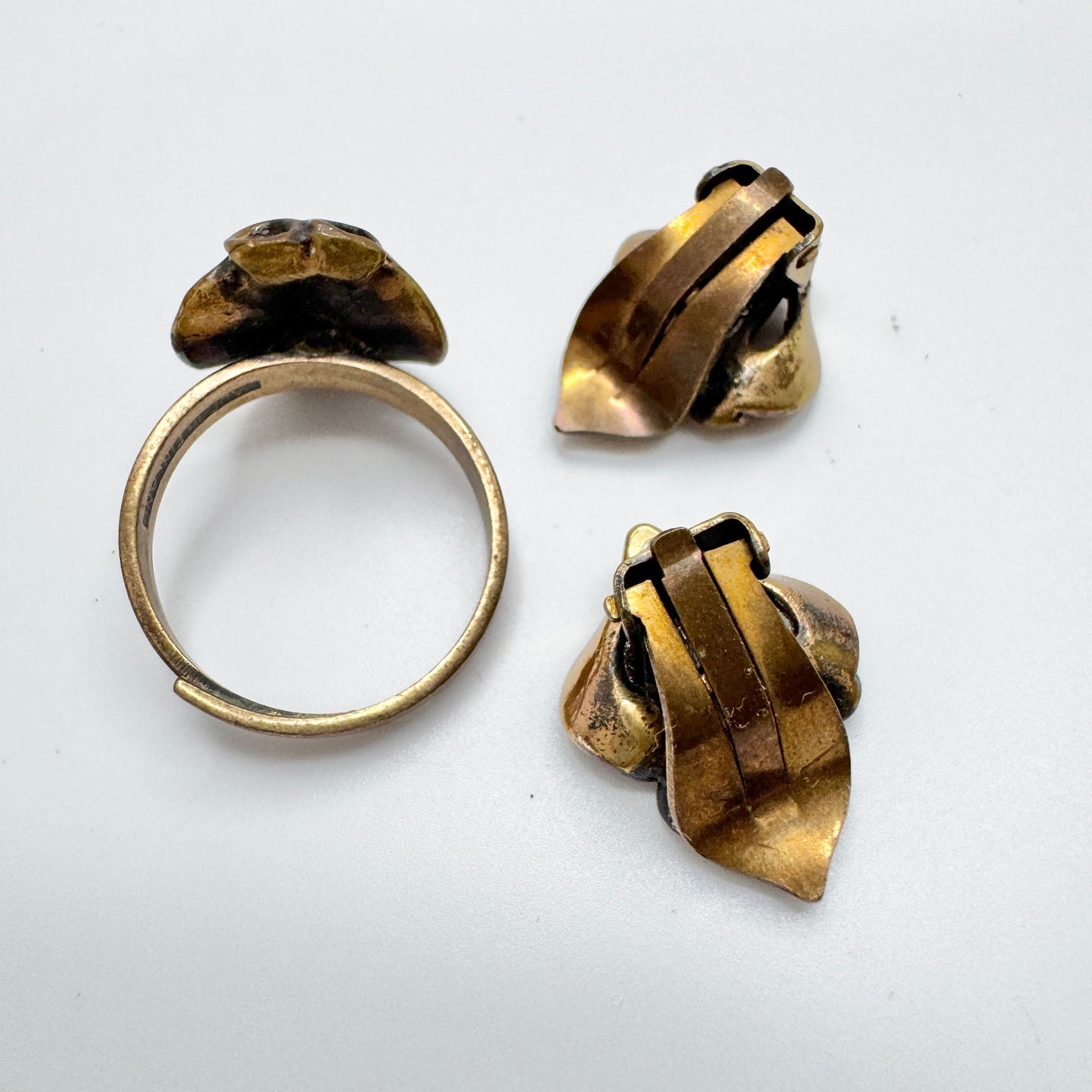 Finland 1970s. Vintage Reindeer Moss Design Bronze Ring + Earrings.