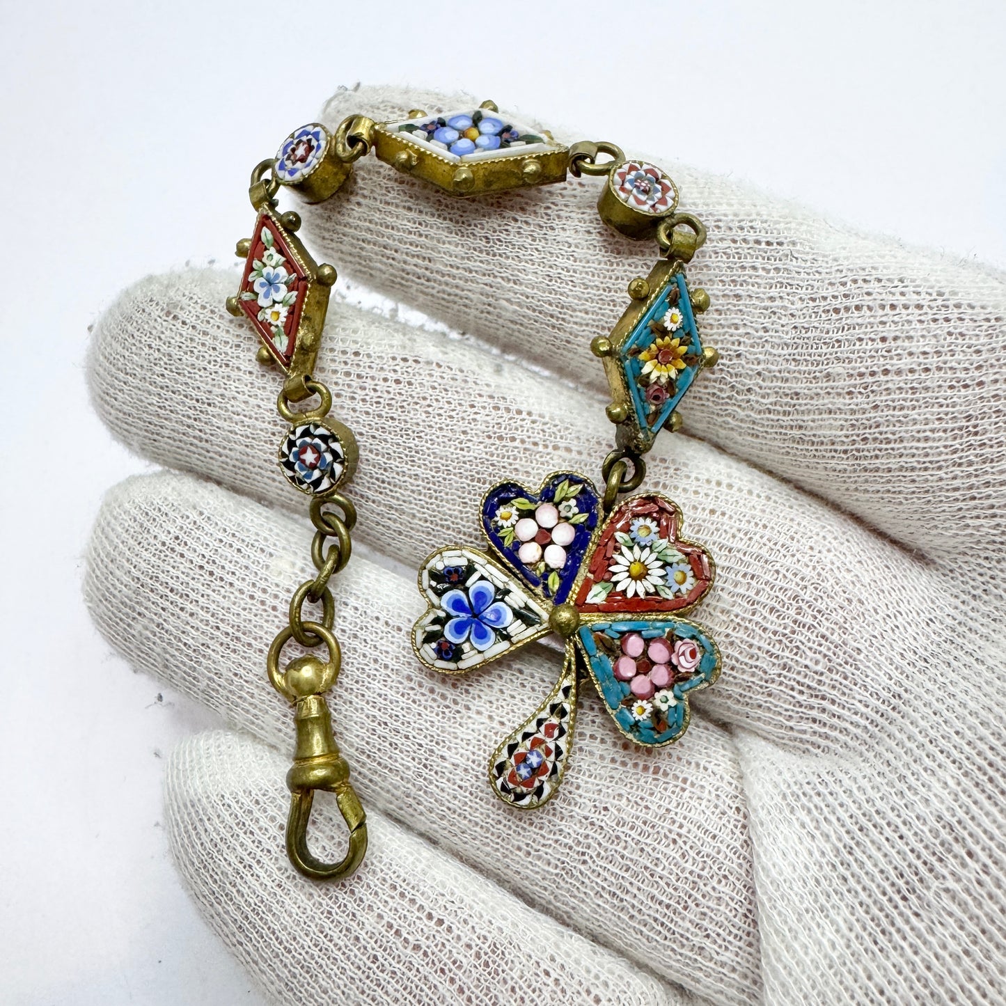 Italy early 1900s. Antique Micro Mosaic Lucky Clover Watch Fob.
