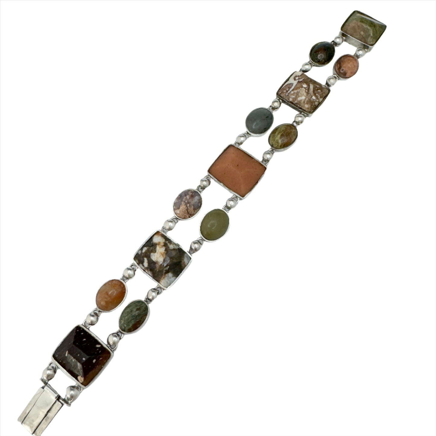 Sweden year 1888. Antique Solid Silver Porphyry, Jasper, Marble, Limestone, Quartz Bracelet.