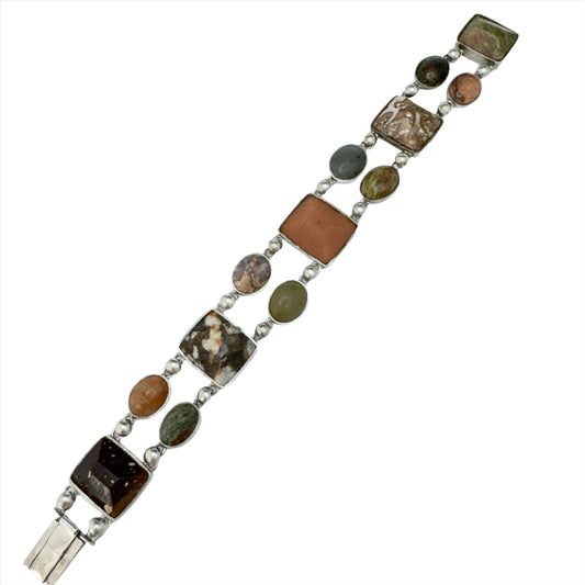 Sweden year 1888. Antique Solid Silver Porphyry, Jasper, Marble, Limestone, Quartz Bracelet.