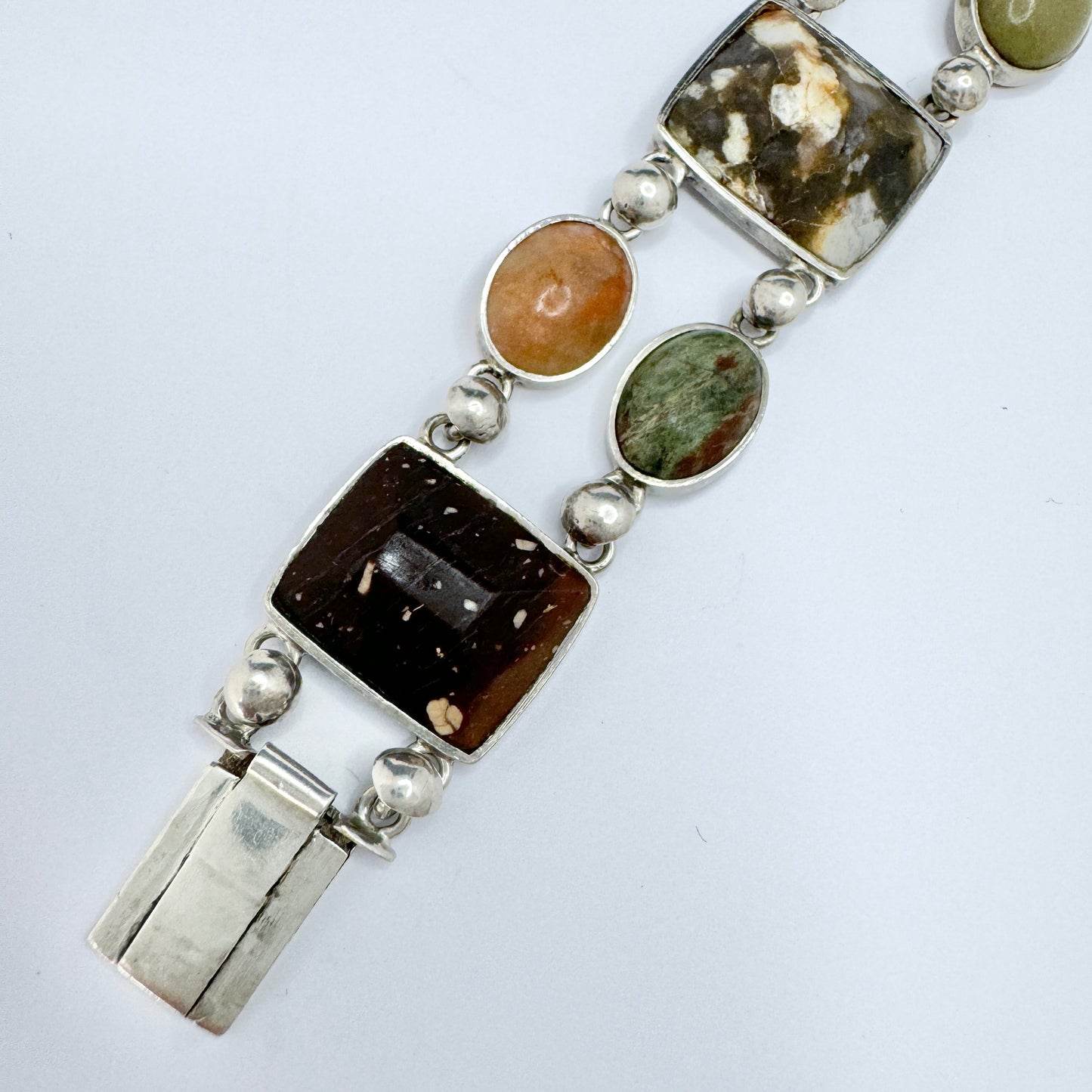 Sweden year 1888. Antique Solid Silver Porphyry, Jasper, Marble, Limestone, Quartz Bracelet.