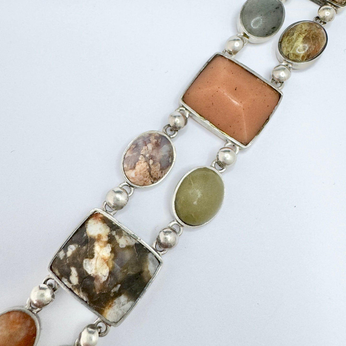 Sweden year 1888. Antique Solid Silver Porphyry, Jasper, Marble, Limestone, Quartz Bracelet.