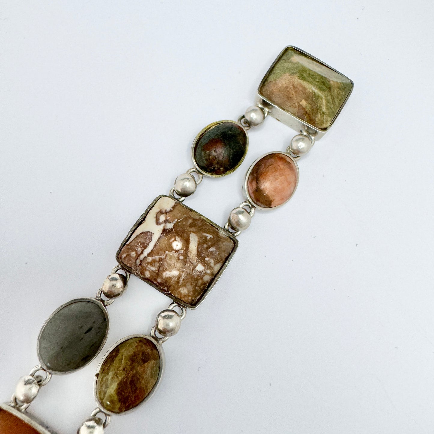 Sweden year 1888. Antique Solid Silver Porphyry, Jasper, Marble, Limestone, Quartz Bracelet.