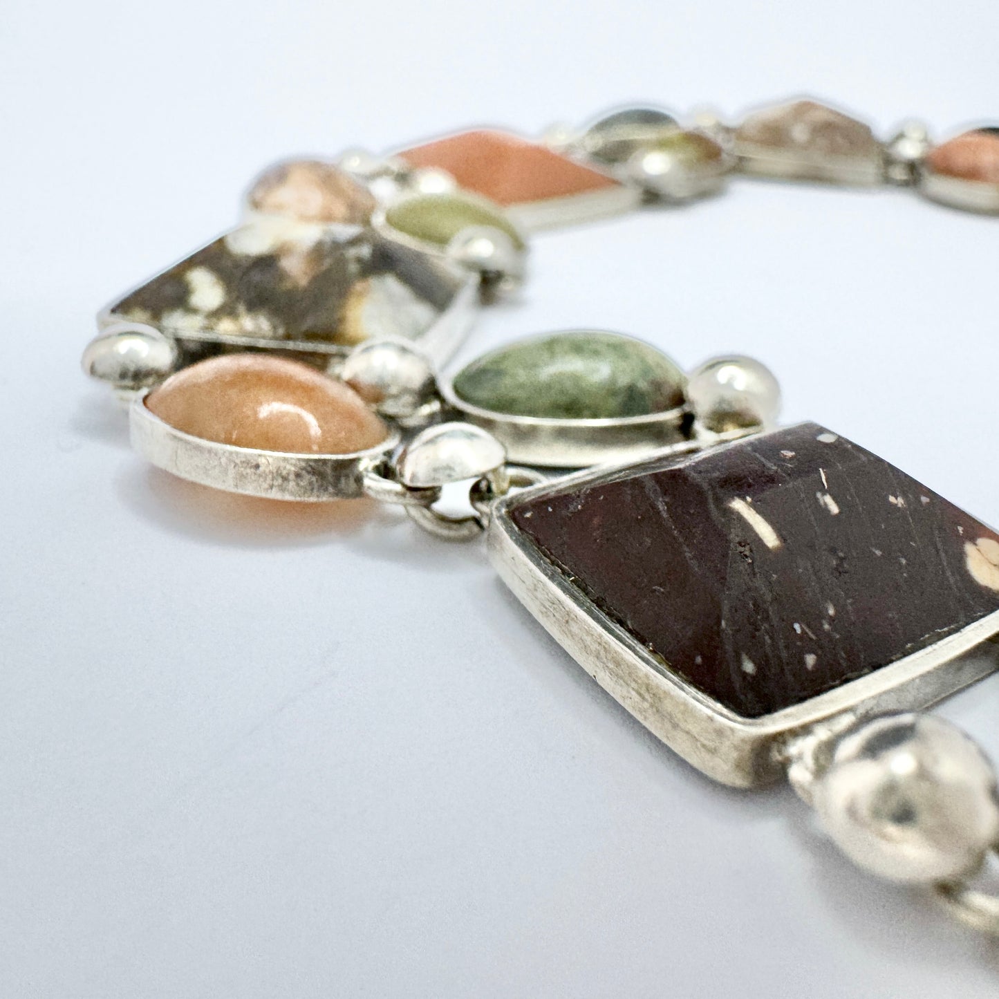 Sweden year 1888. Antique Solid Silver Porphyry, Jasper, Marble, Limestone, Quartz Bracelet.