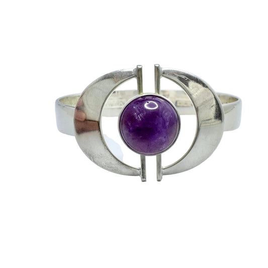 Per Dåvik for Alton, Sweden 1975, Vintage Sterling Silver Amethyst Hinged Bangle Bracelet.