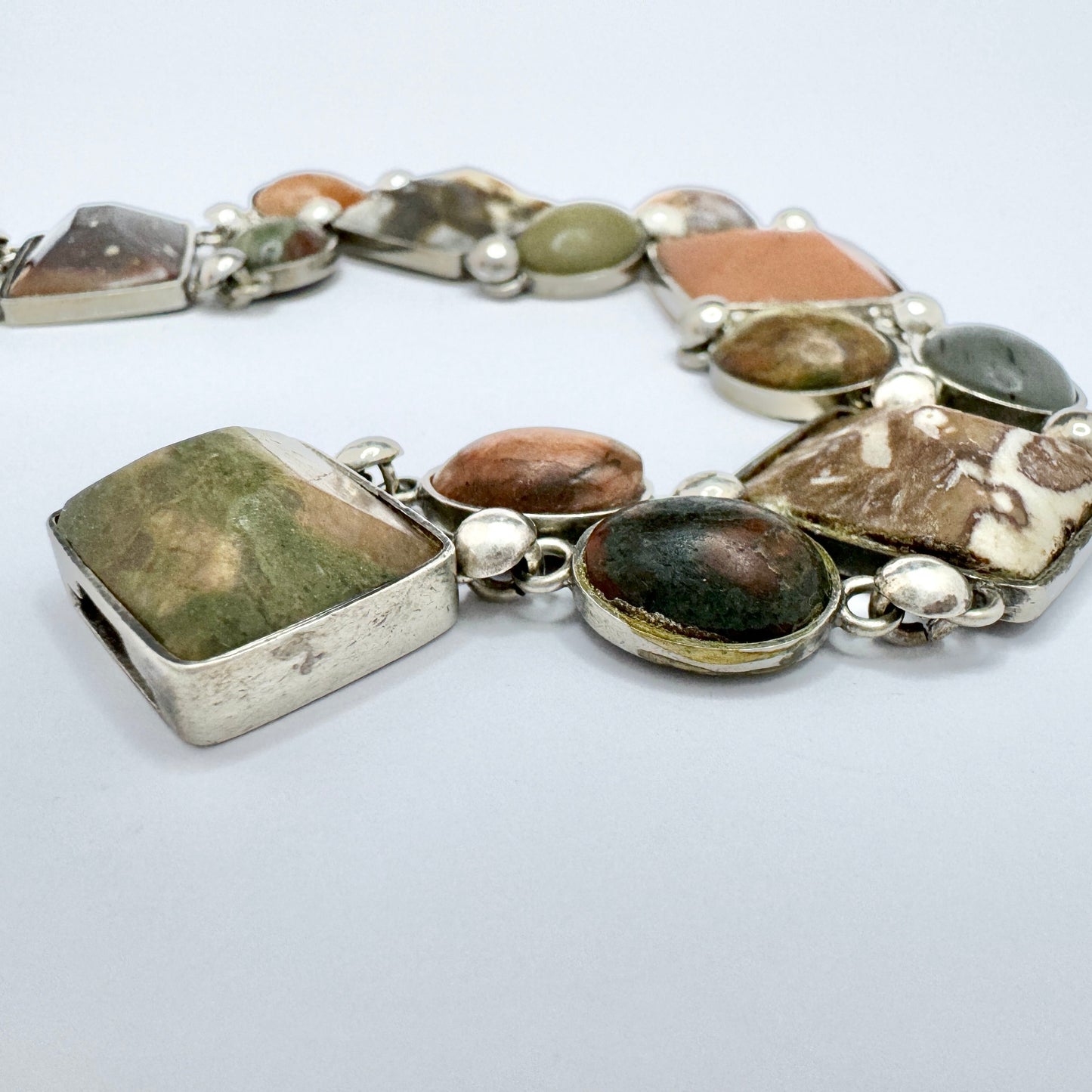 Sweden year 1888. Antique Solid Silver Porphyry, Jasper, Marble, Limestone, Quartz Bracelet.