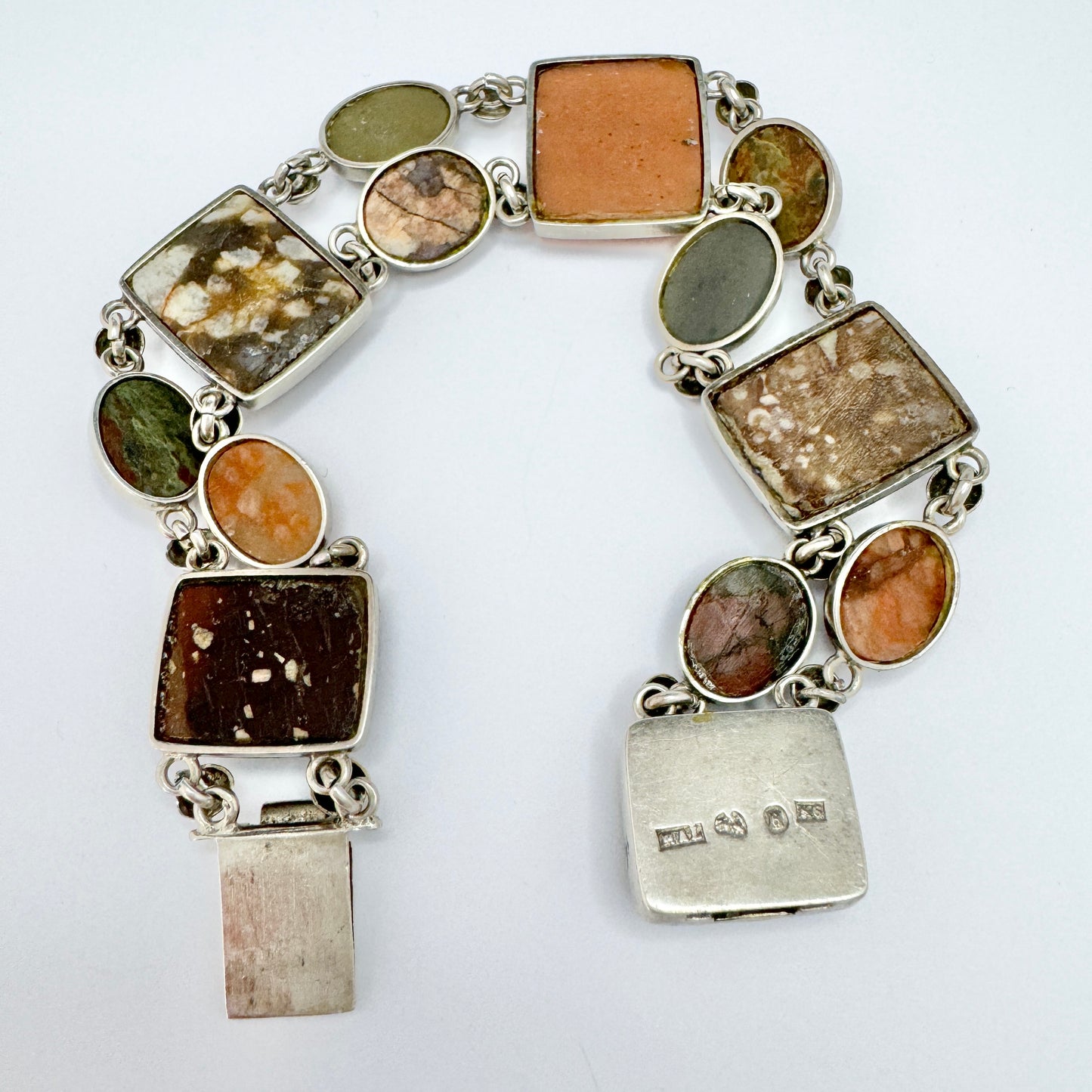 Sweden year 1888. Antique Solid Silver Porphyry, Jasper, Marble, Limestone, Quartz Bracelet.