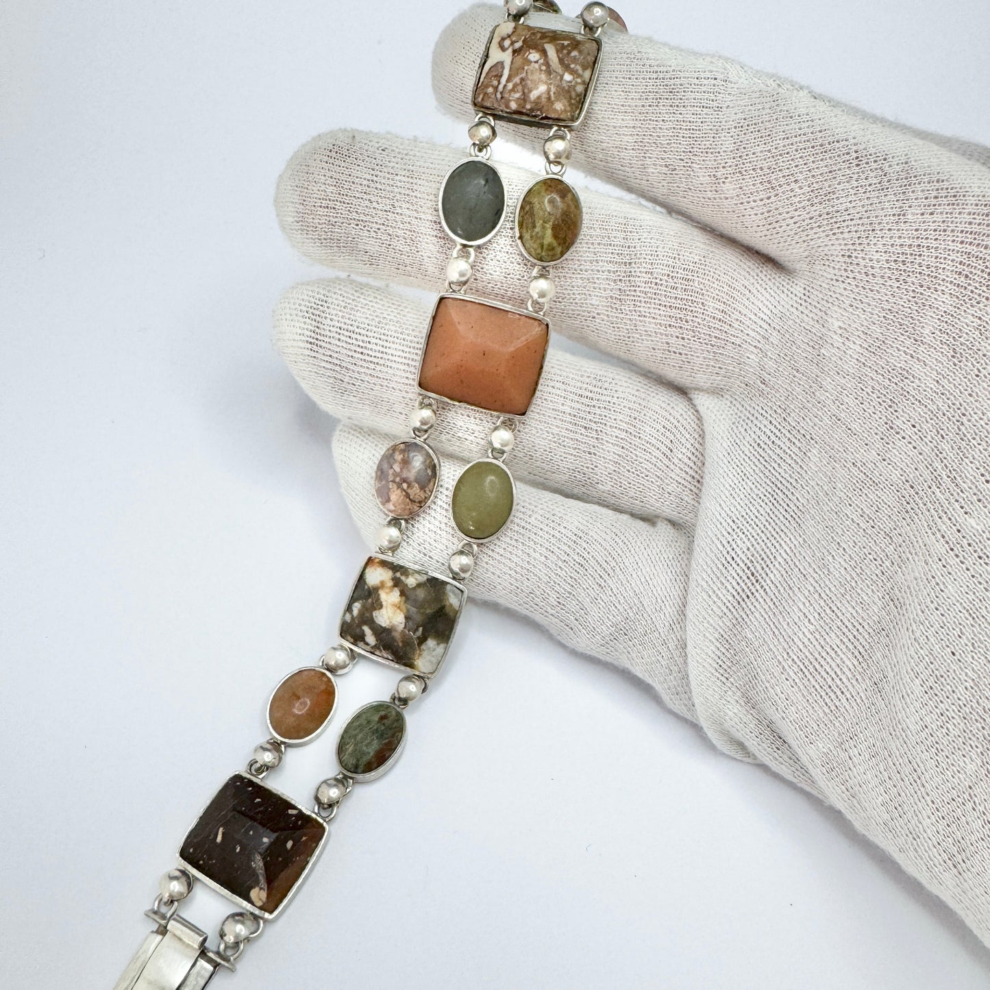 Sweden year 1888. Antique Solid Silver Porphyry, Jasper, Marble, Limestone, Quartz Bracelet.