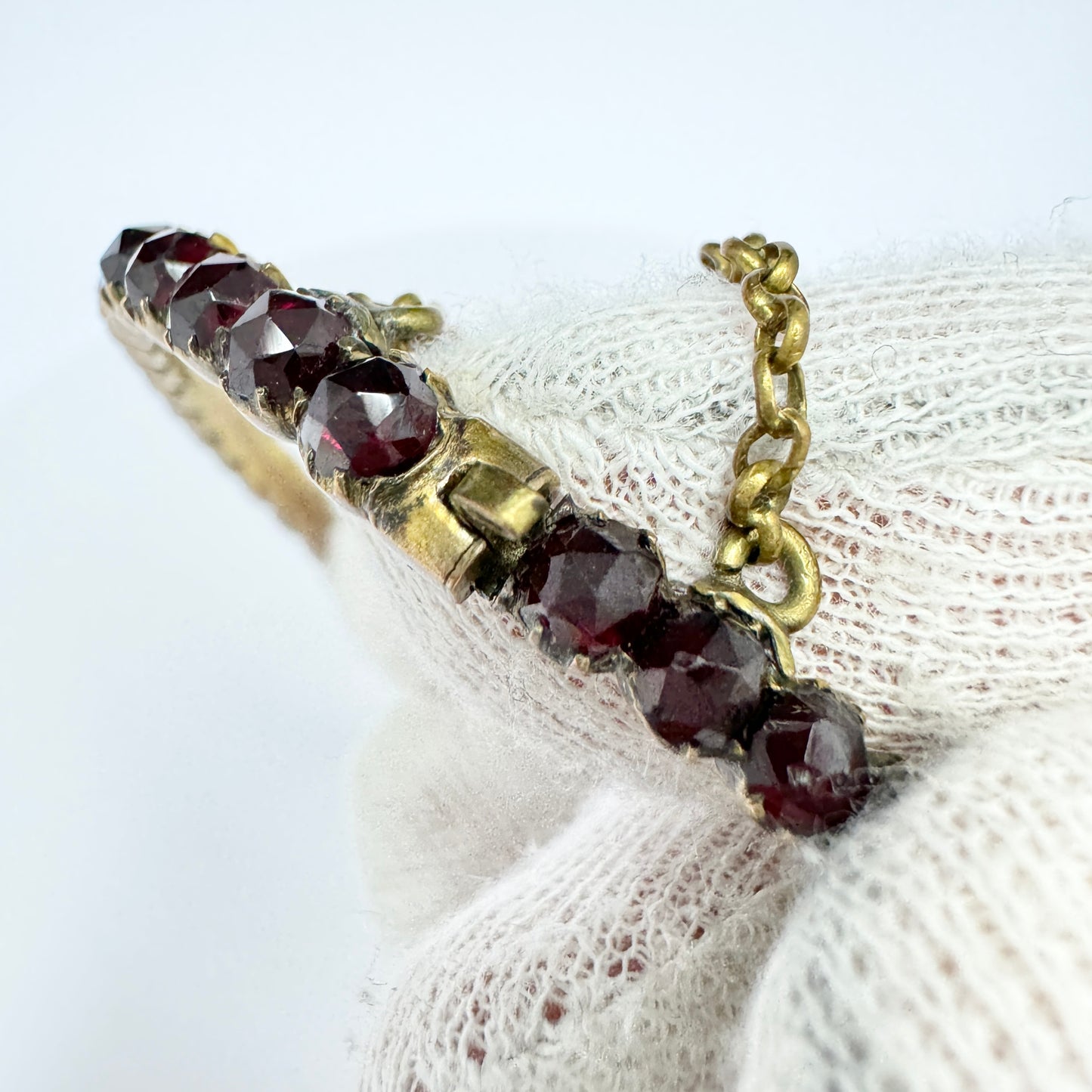 Antique Victorian Bohemian Garnet Metal Hinged Bangle Bracelet.