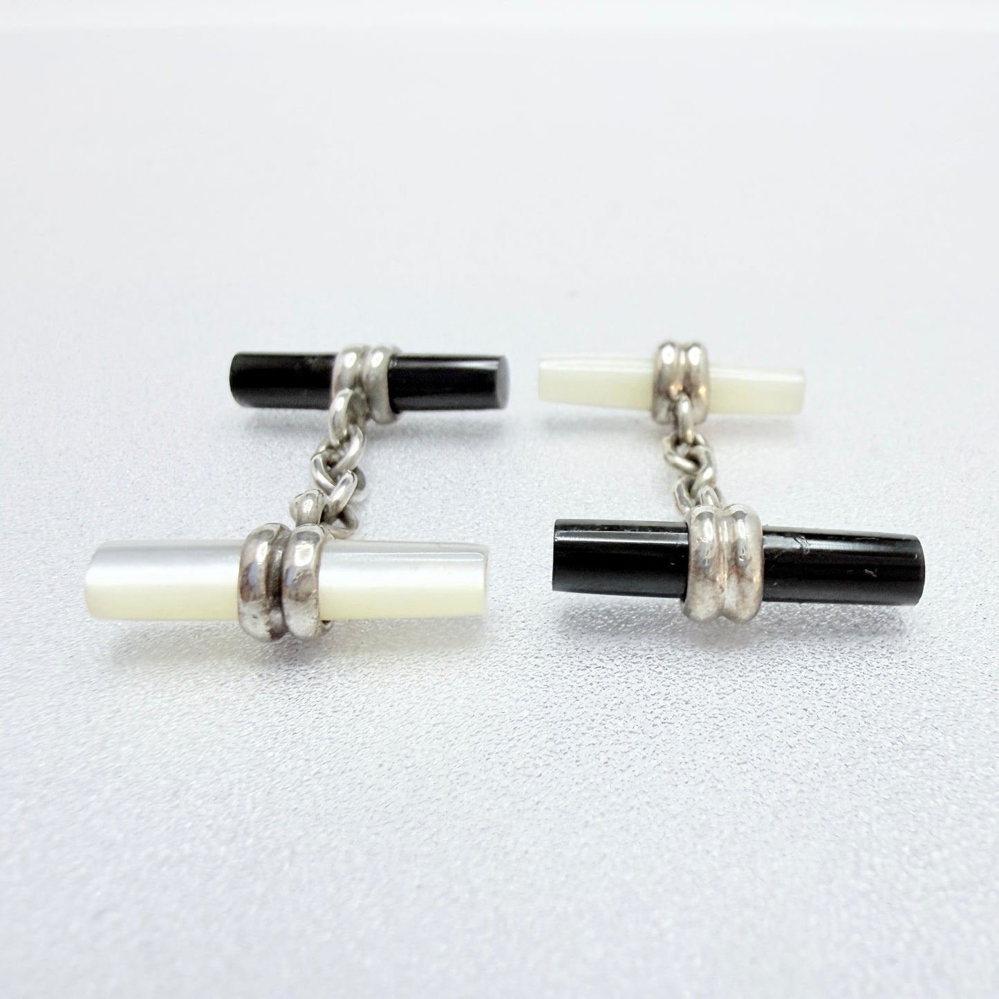 Vintage Solid Silver M o P and Onyx Black and White Cufflinks.