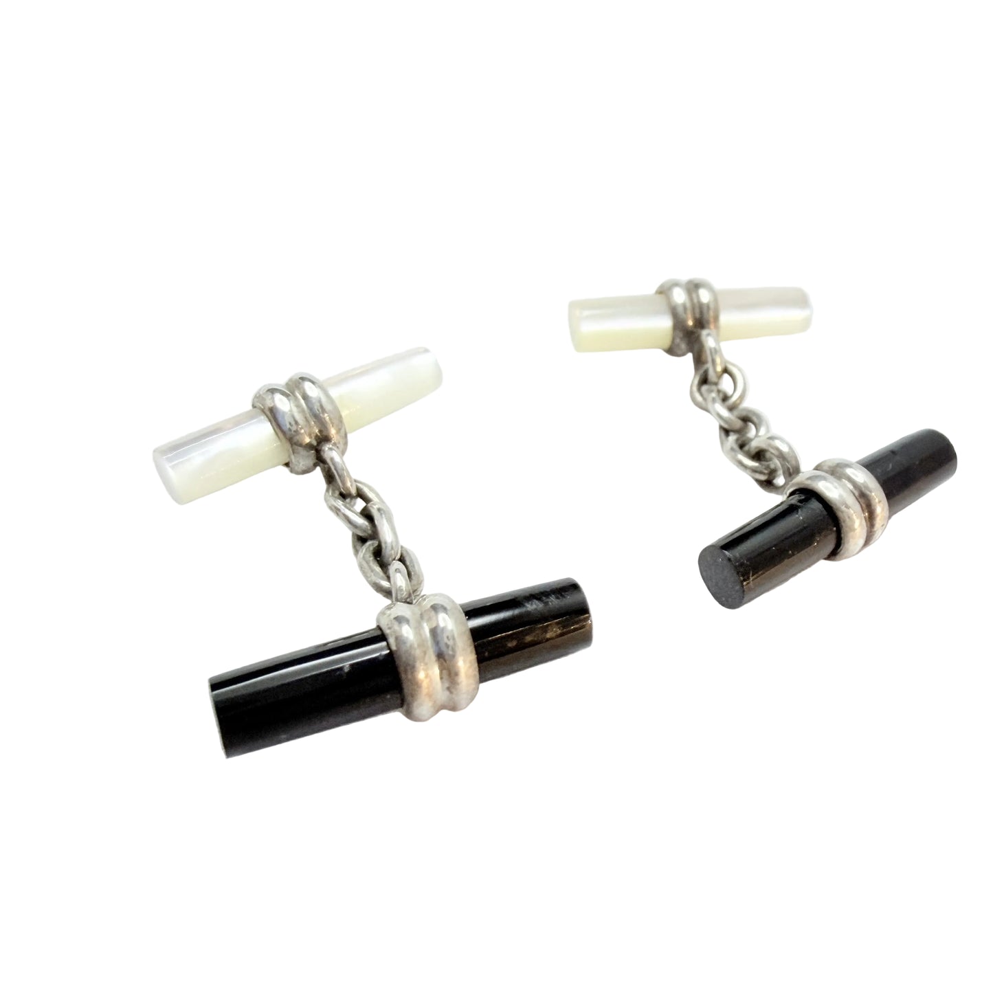 Vintage Solid Silver M o P and Onyx Black and White Cufflinks.