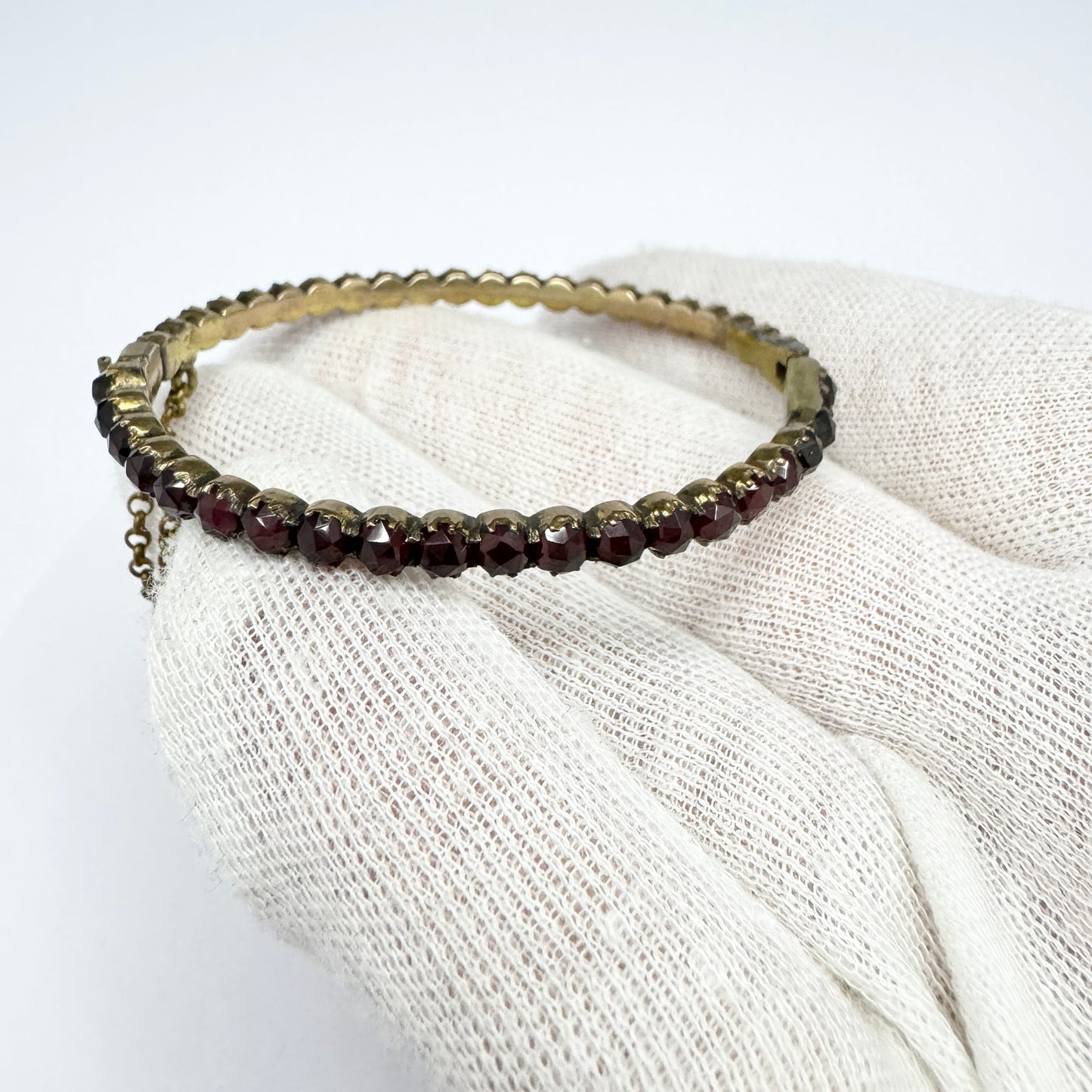 Antique Victorian Bohemian Garnet Metal Hinged Bangle Bracelet.