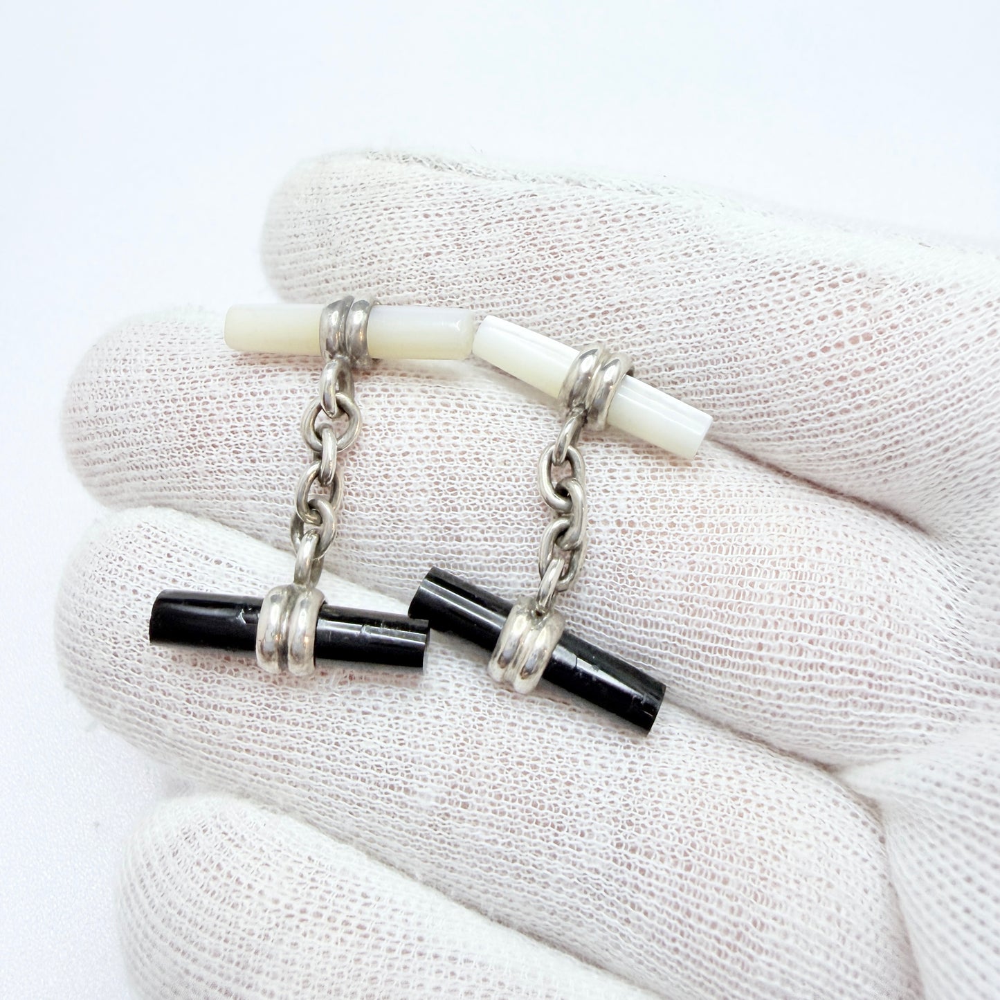 Vintage Solid Silver M o P and Onyx Black and White Cufflinks.