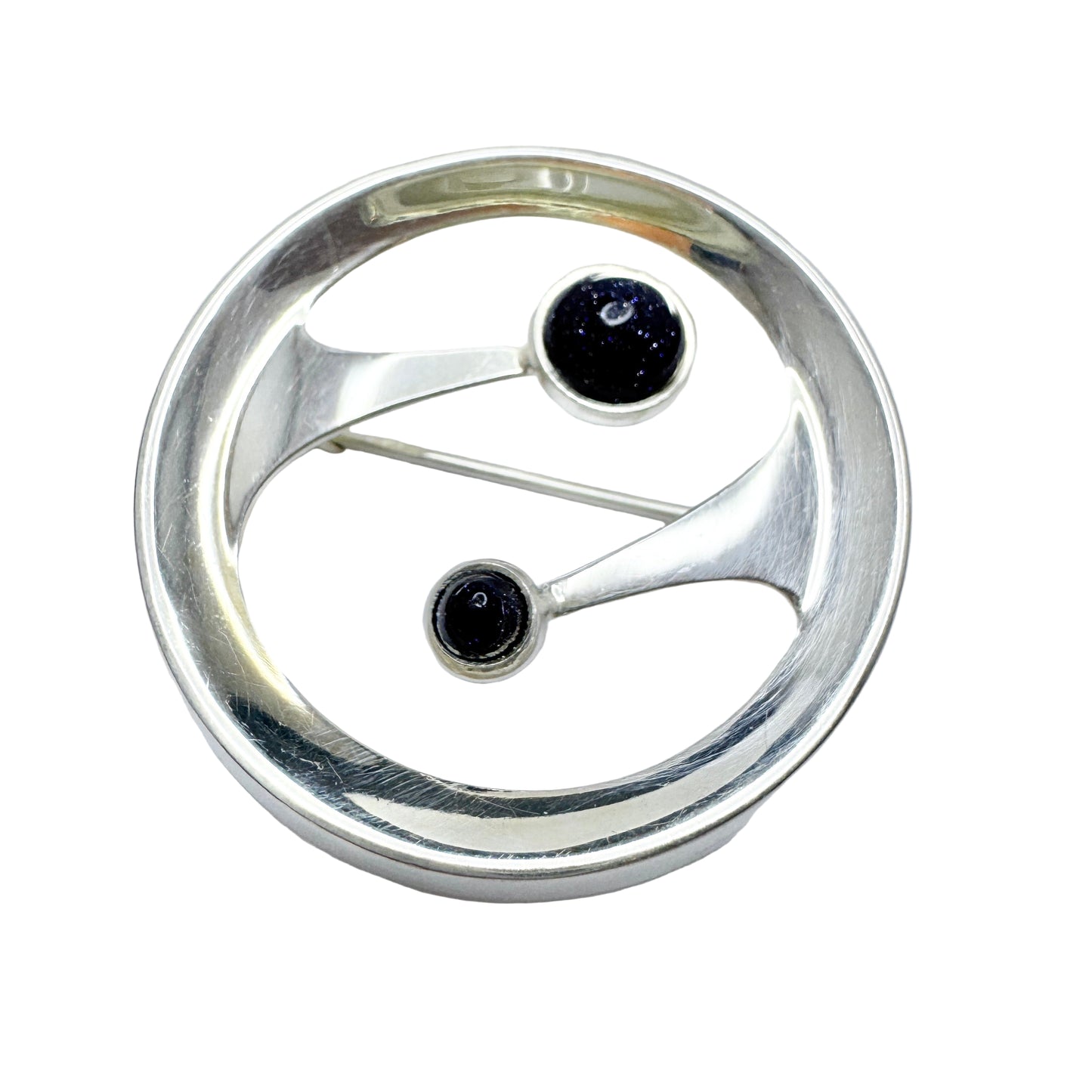 Turun Hopea, Finland ca 1960. Vintage Solid Silver Black Aventurine Brooch.