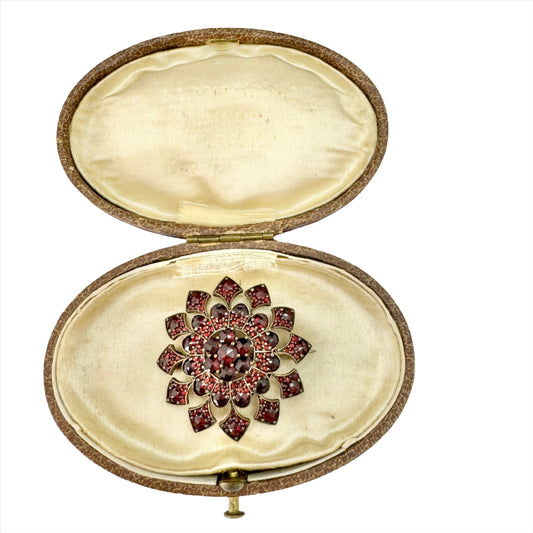 Antique Edwardian Bohemian Garnet Gilt Metal Brooch. Boxed.