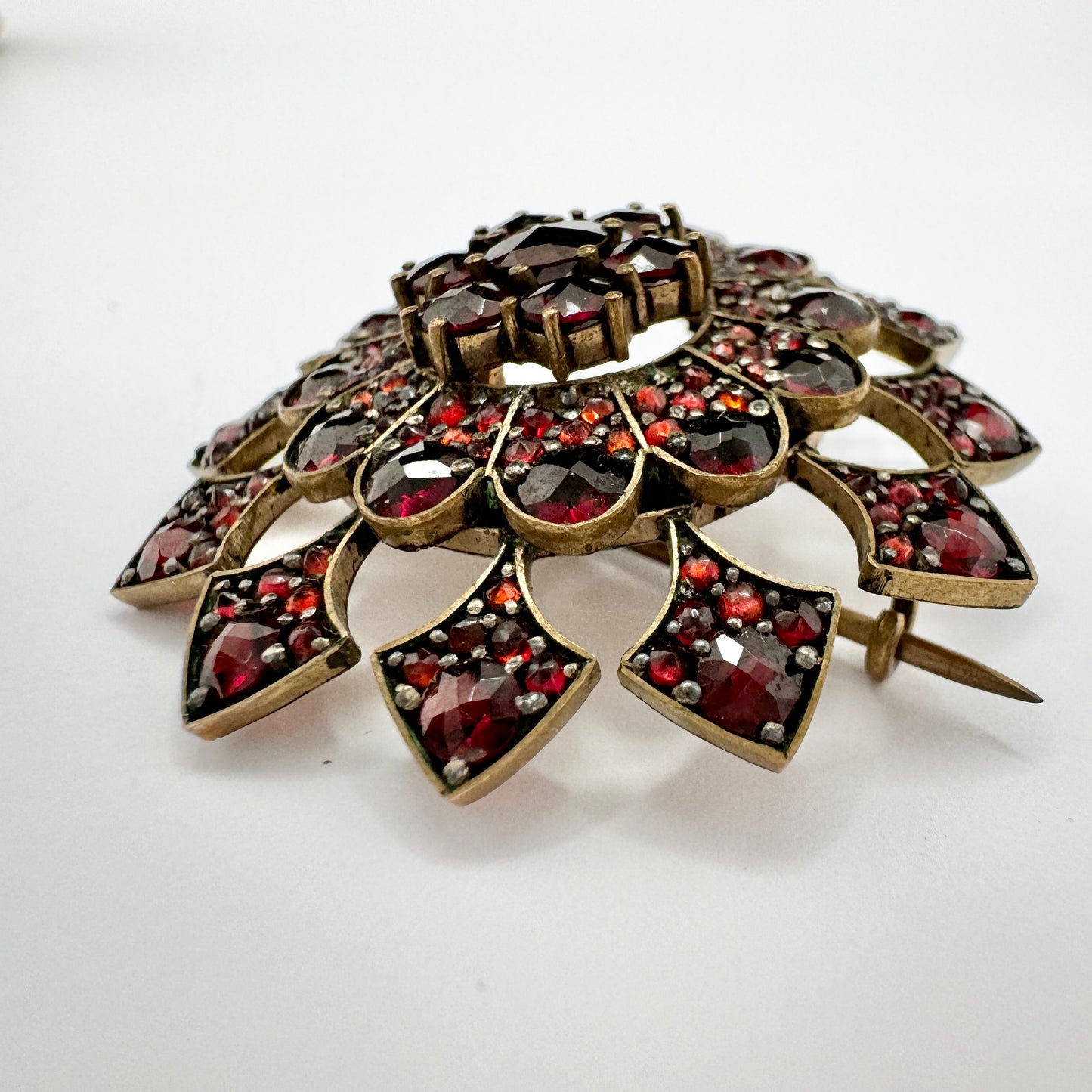 Antique Edwardian Bohemian Garnet Gilt Metal Brooch. Boxed.