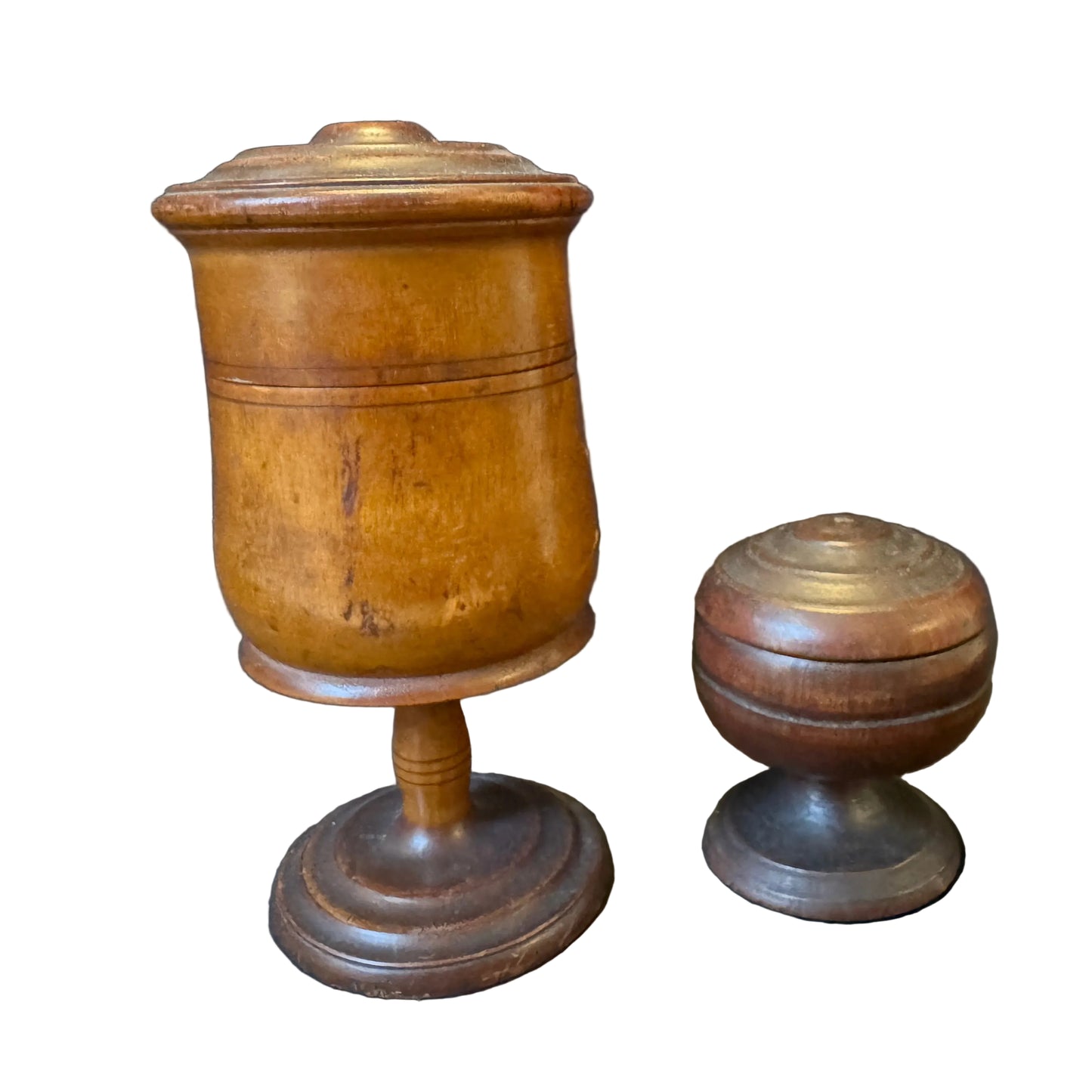2 mid 1800s Treen Pedestal Box with Lid