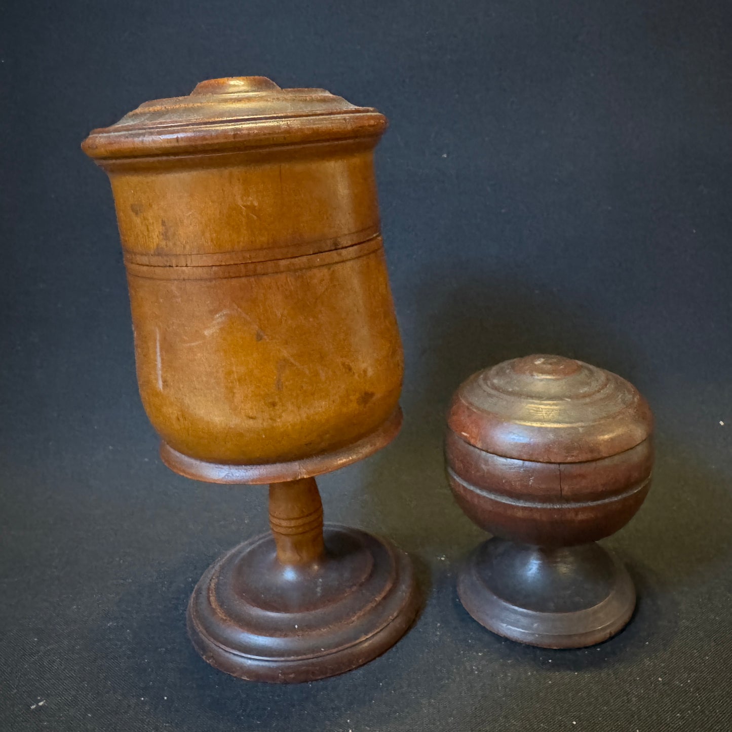 2 mid 1800s Treen Pedestal Box with Lid