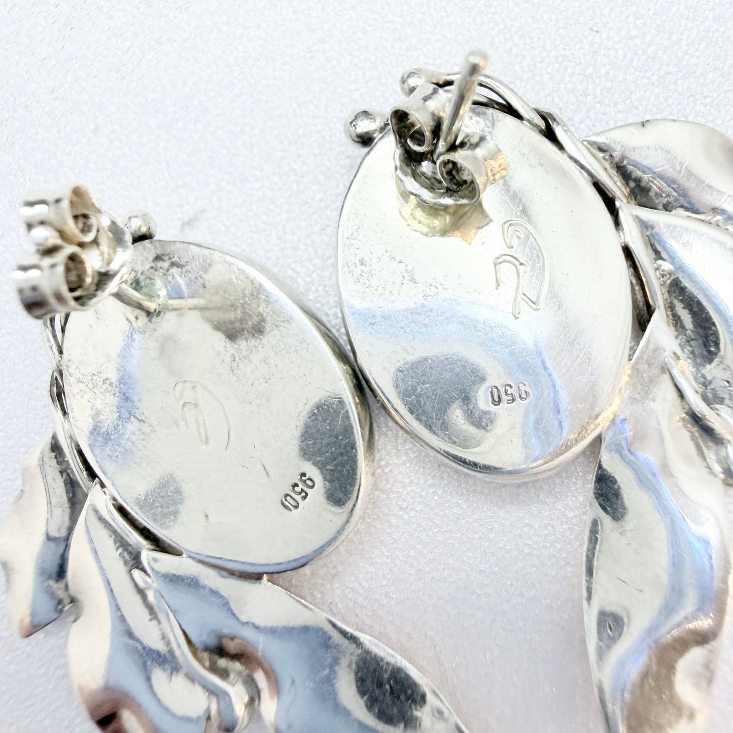 Vintage 950 Sterling Silver Buffalo Horn (prob) Large Pair of Earrings. Signed.