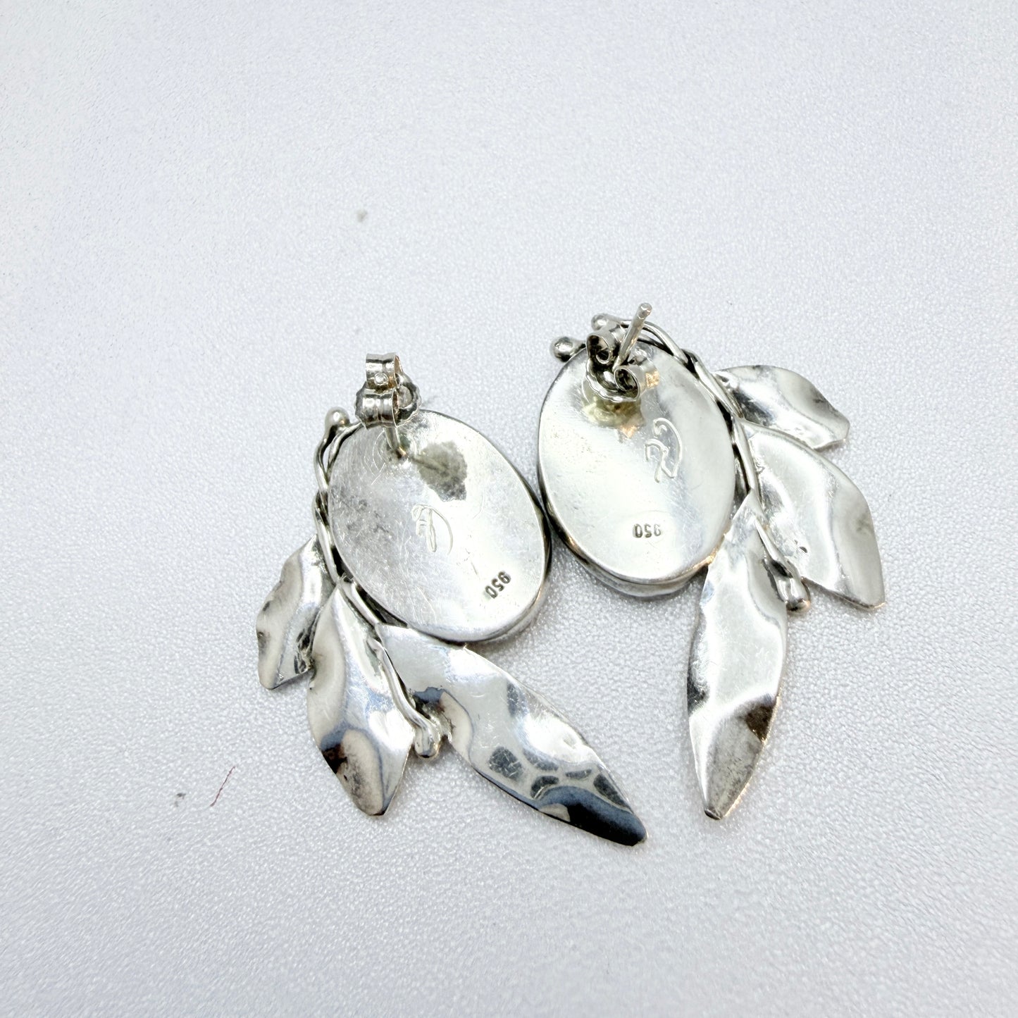 Vintage 950 Sterling Silver Buffalo Horn (prob) Large Pair of Earrings. Signed.