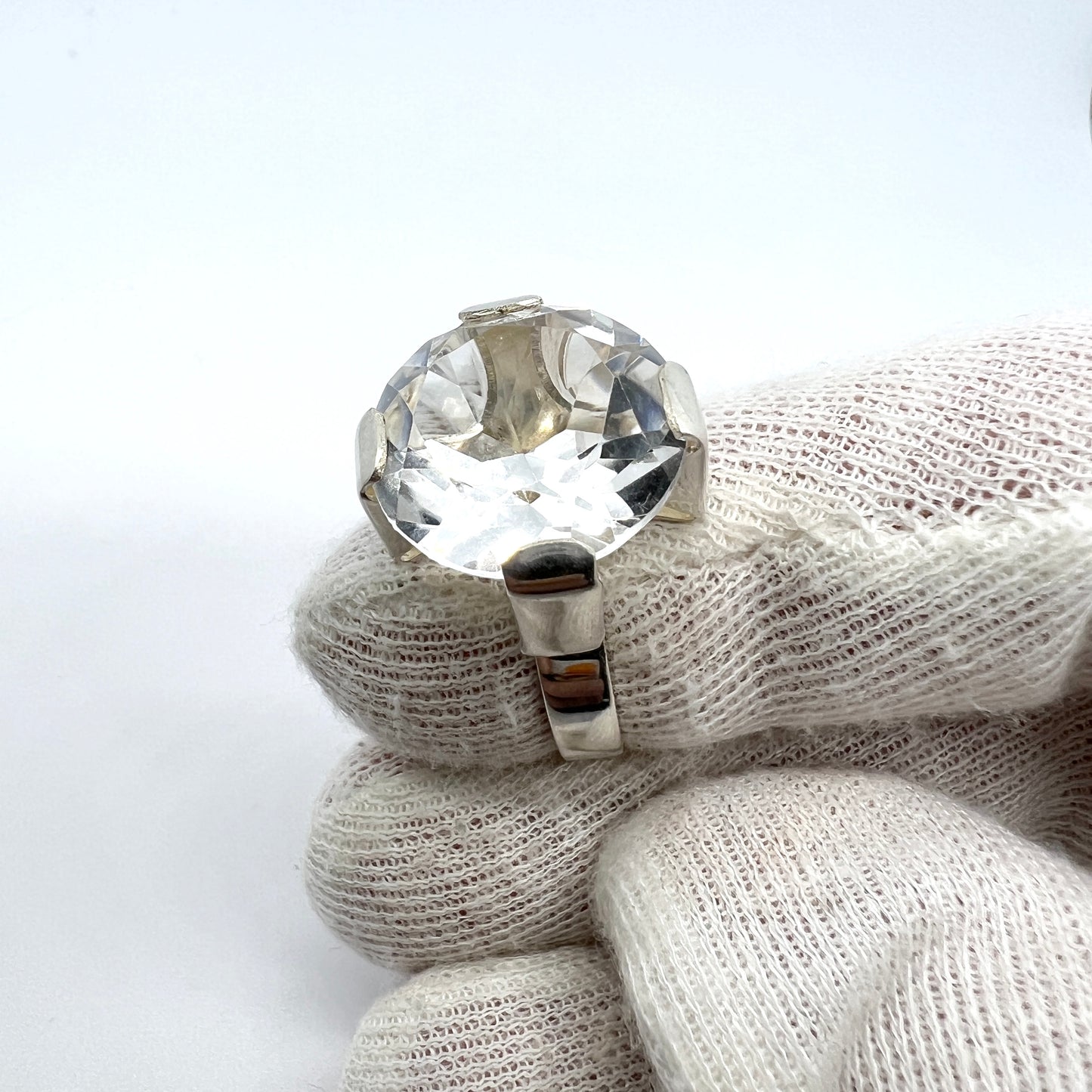 Vintage Modernist Scandinavian 830 Silver Rock Crystal Ring.