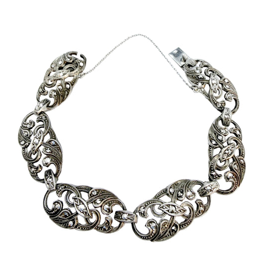 Vintage 1940s Solid Silver Marcasite Bracelet.