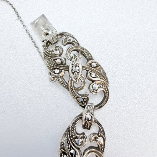 Vintage 1940s Solid Silver Marcasite Bracelet.