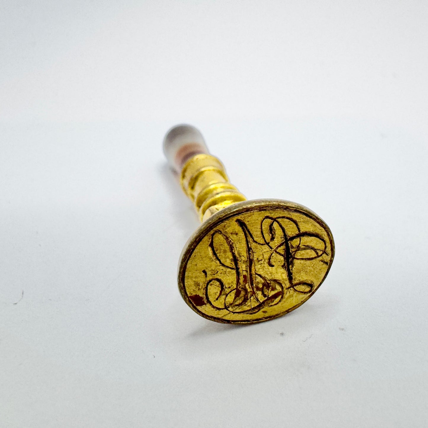 Antique Agate Yellow Metal Wax Seal Stamp "LH"