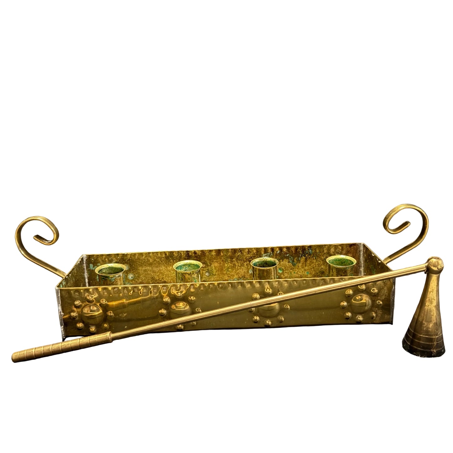 Sweden c 1940s. Vintage Brass Advent Candleholder + Candle Snuffer