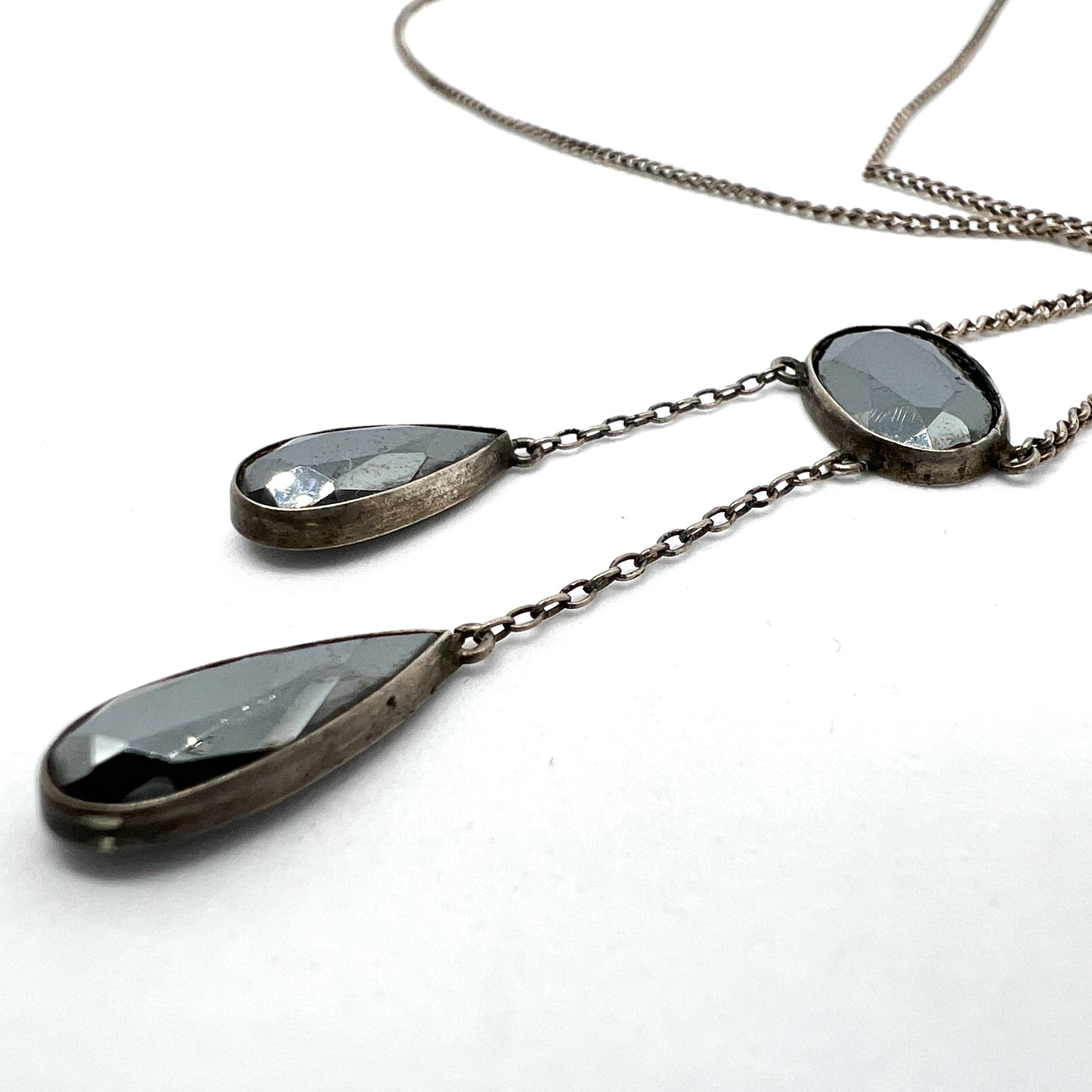 Antique Early 1900s. Solid Silver Hematite Negligee Necklace.