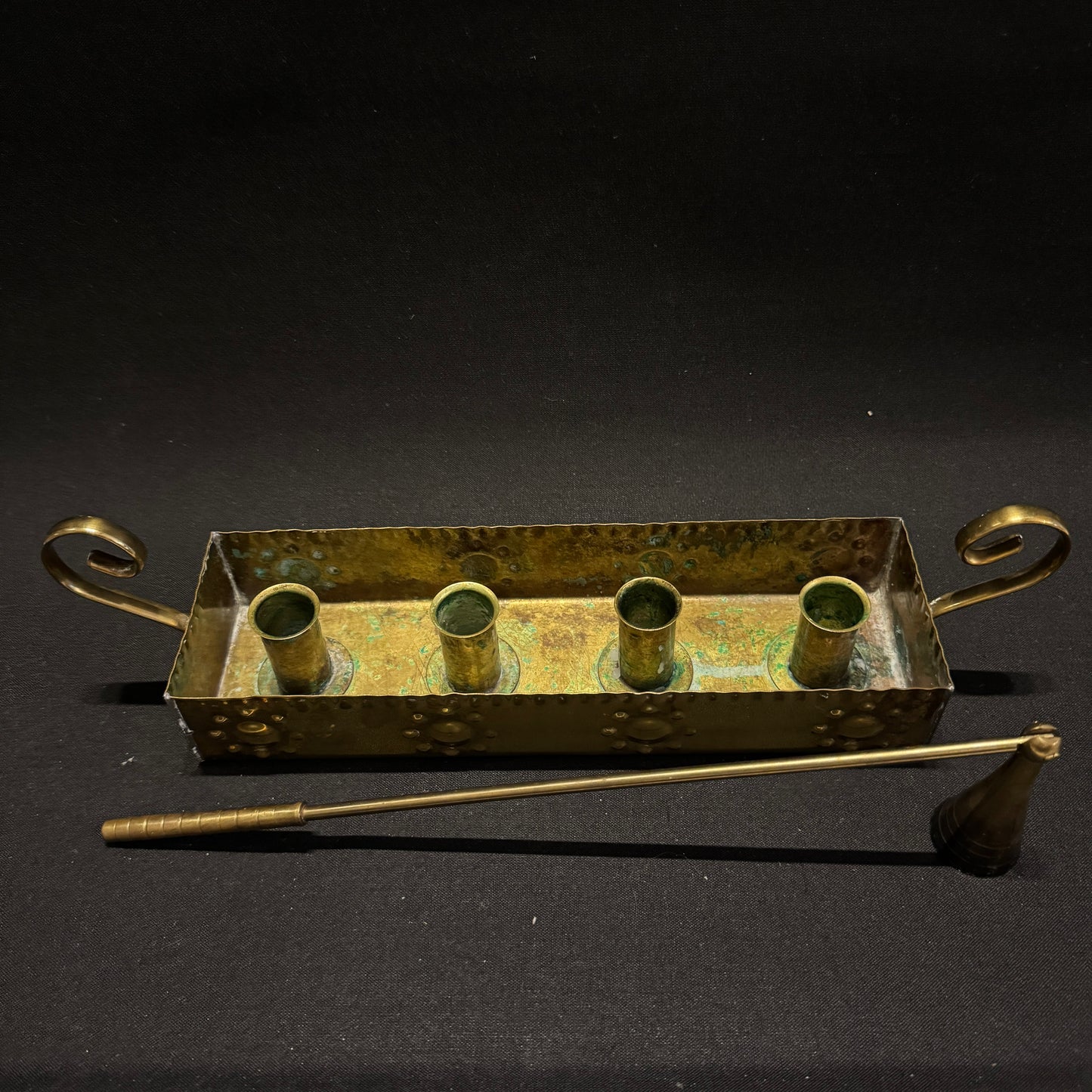 Sweden c 1940s. Vintage Brass Advent Candleholder + Candle Snuffer