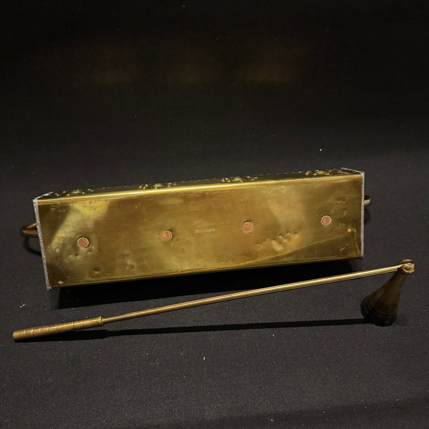 Sweden c 1940s. Vintage Brass Advent Candleholder + Candle Snuffer